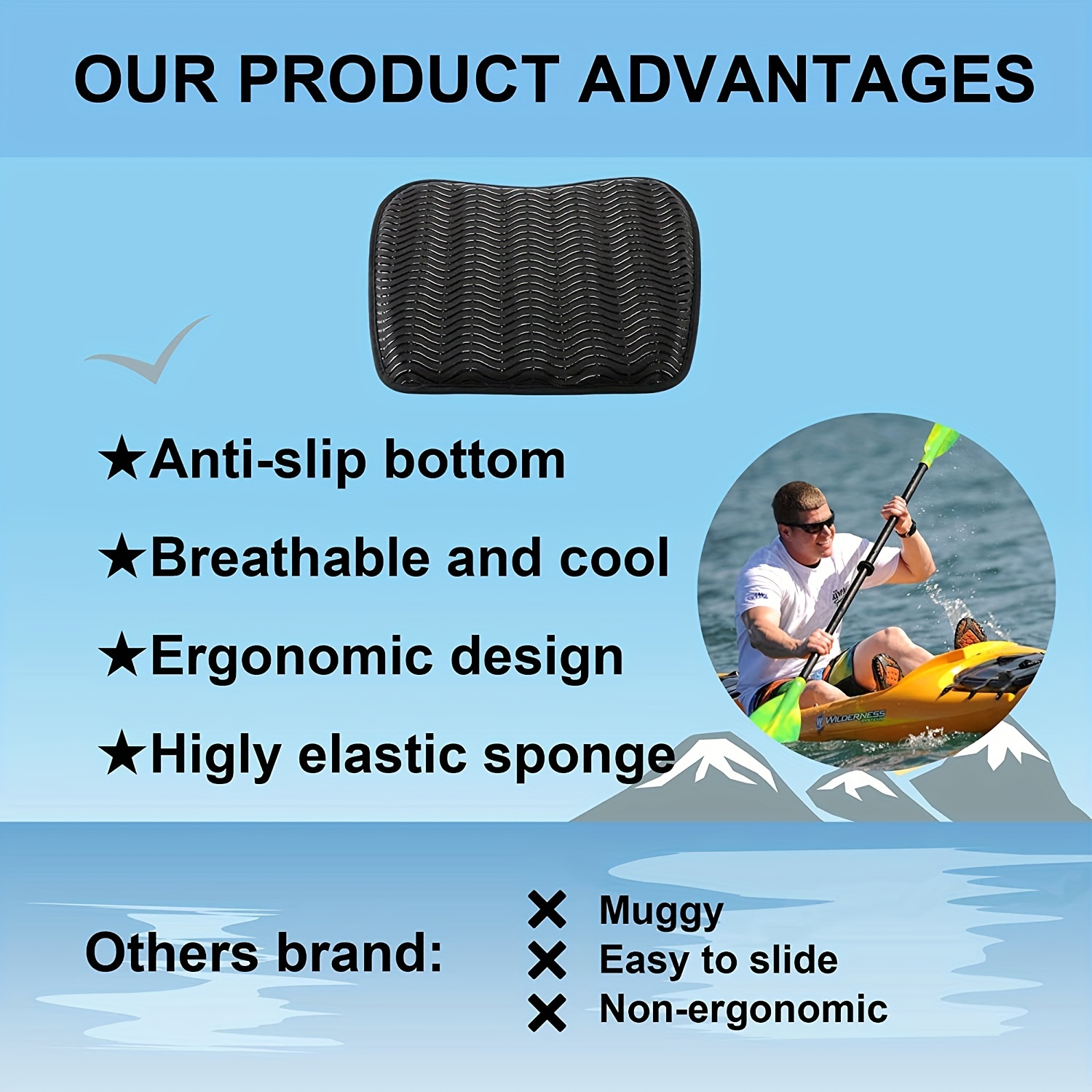 NINEFOX Kayak Seat Cushion, Anti Slip Padded Canoe Seat, Portable Boat Seat  Ideal for Cushioned Fishing Seat for Universal Base Water Sports Outdoor  black
