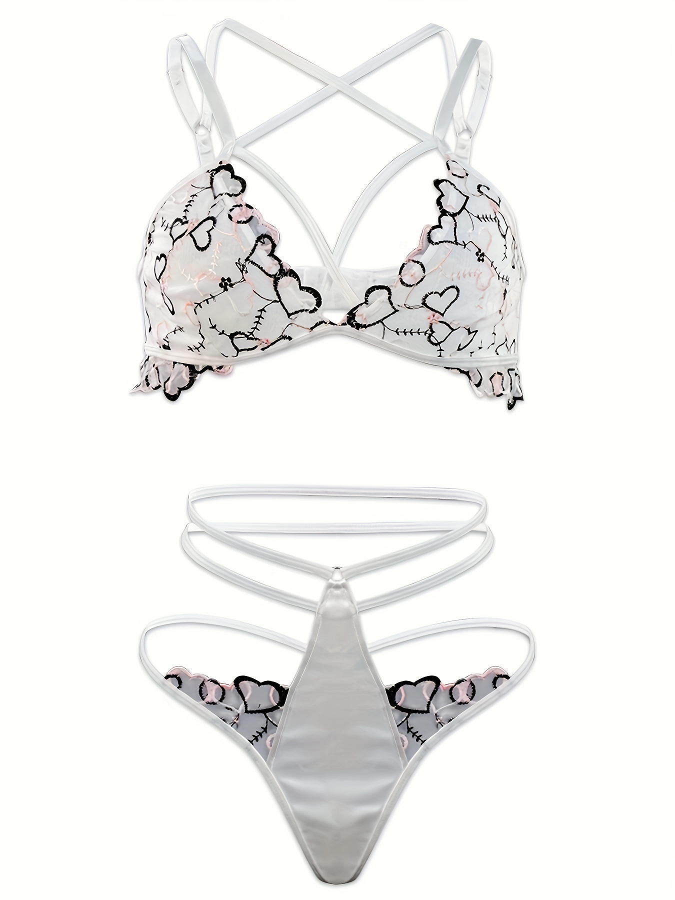 Chicme- Heart Print Bowknot Decor Contrast Lace Bra Sets – Amreki