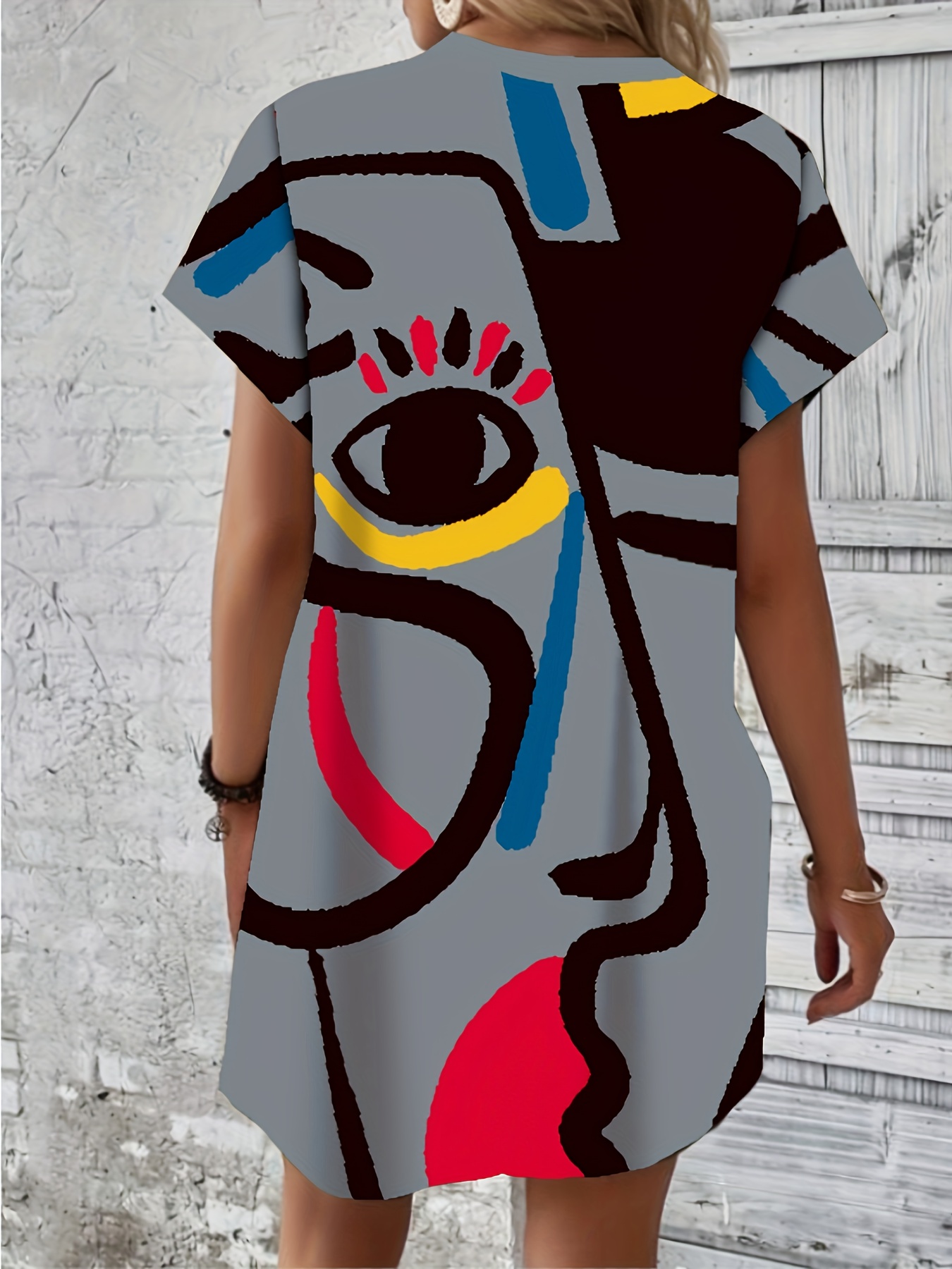 Abstract Face Print Tee Dress Casual Short Sleeve Crew Neck - Temu