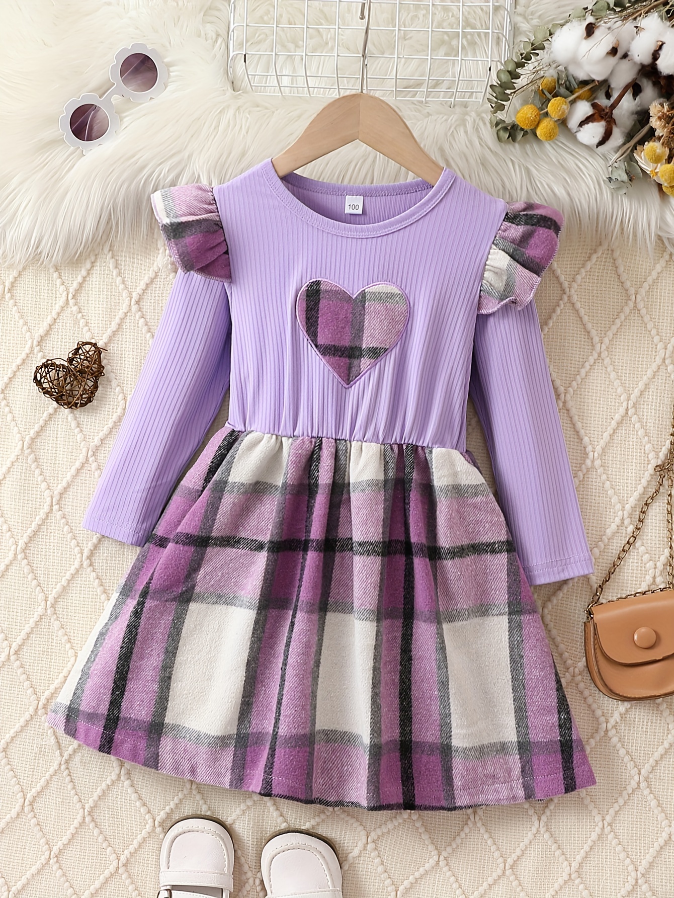 girls plaid heart embroidered long sleeve dress for spring and autumn purple 0