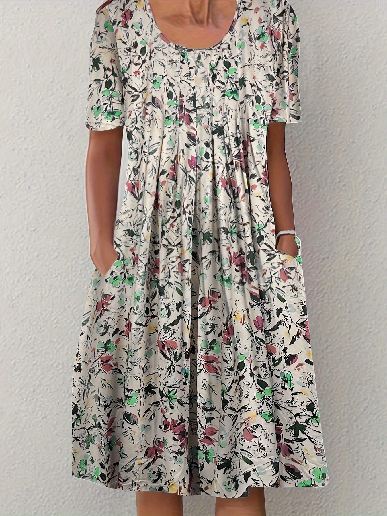 plus size casual dress womens plus random floral print pleated short sleeve round neck dress grass green 0