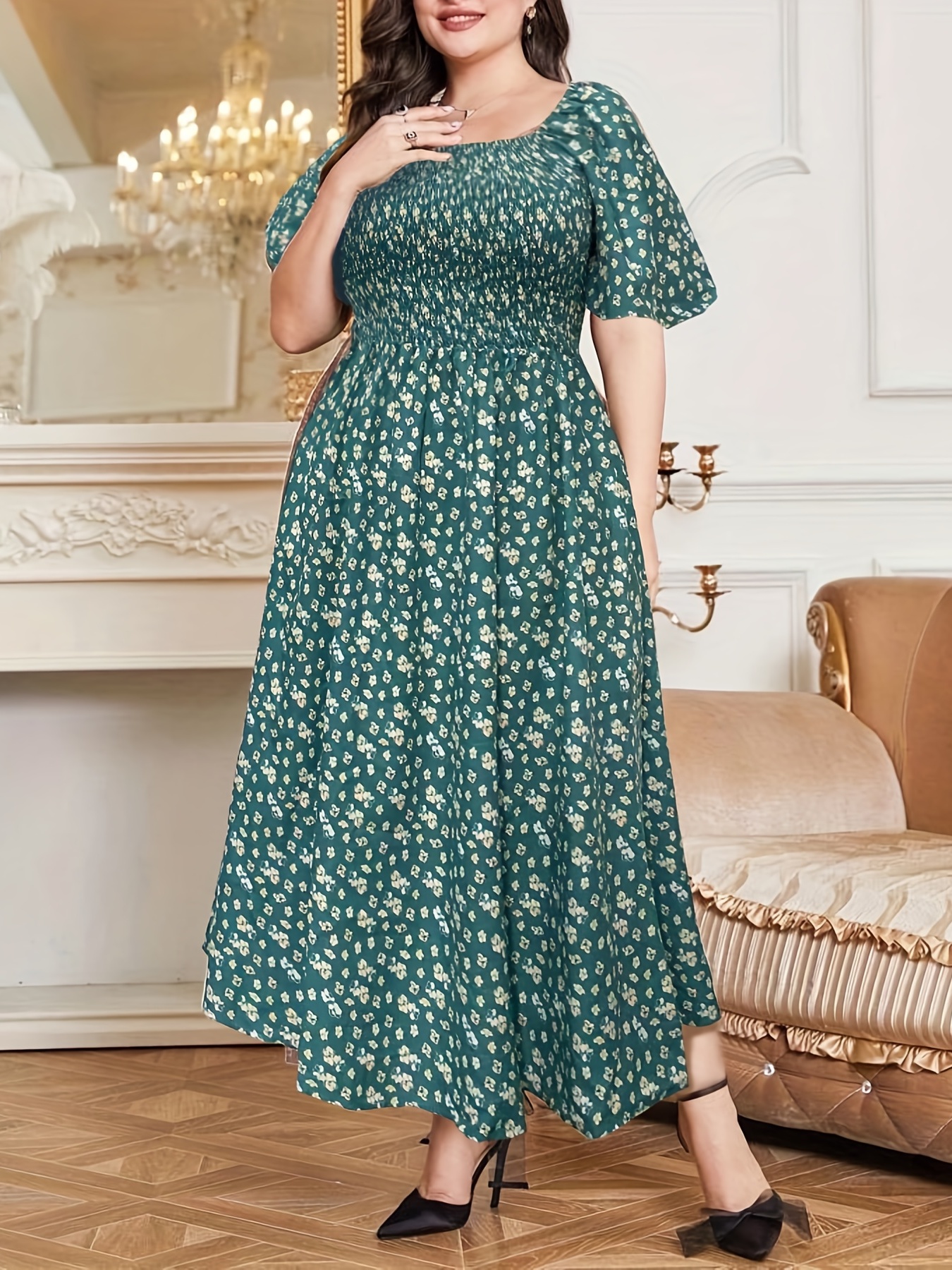 GIBSIE Plus Size Square Neck Floral Print Puff Sleeve Dress Women Summer  2023 Vacation Beach Bohemian Swing Long Maxi Dresses