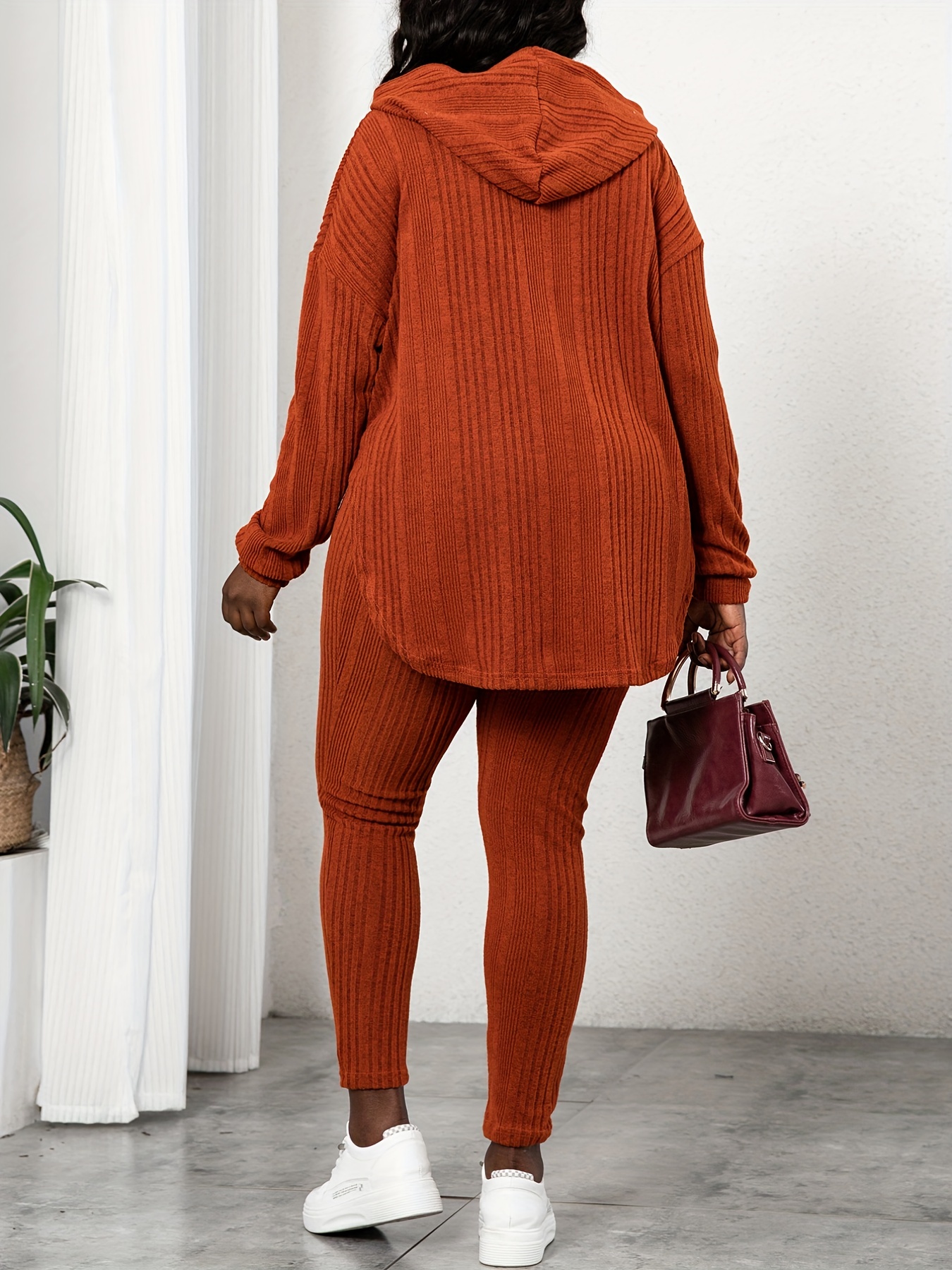 Plus Size Rib Knit Solid Long Sleeve Hoodie Tops Leggings - Temu Canada