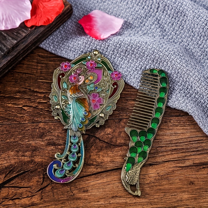 Vintage Peacock Handheld Mirror Comb Set