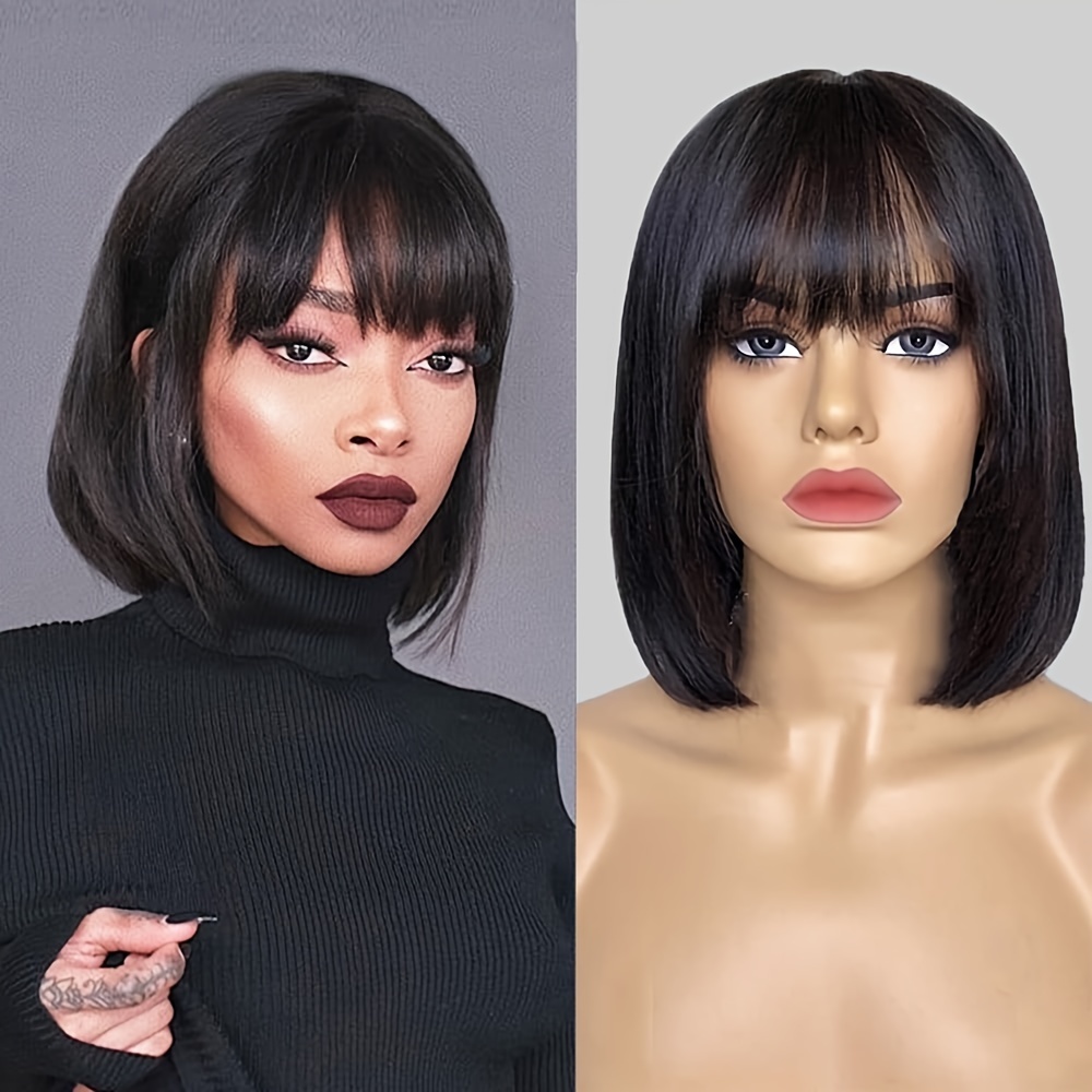 180 Density Bob Wig With Bangs Human Hair Glueless Short Bob Wigs For Women Upgraded Machine Made Middle Part 3x1 Lace Wig