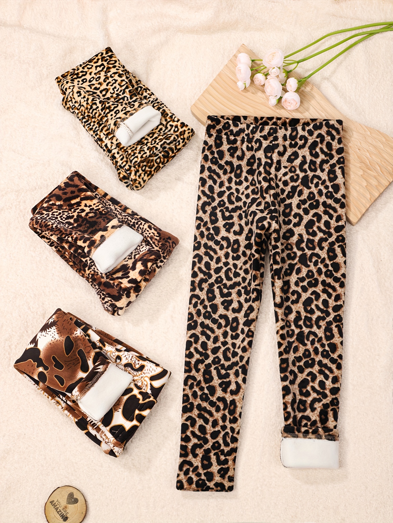 4pcs Girls Fashion Leopard Print Thermal Fleece Lined Leggings Stretchy Machine Washable for Fall Winter