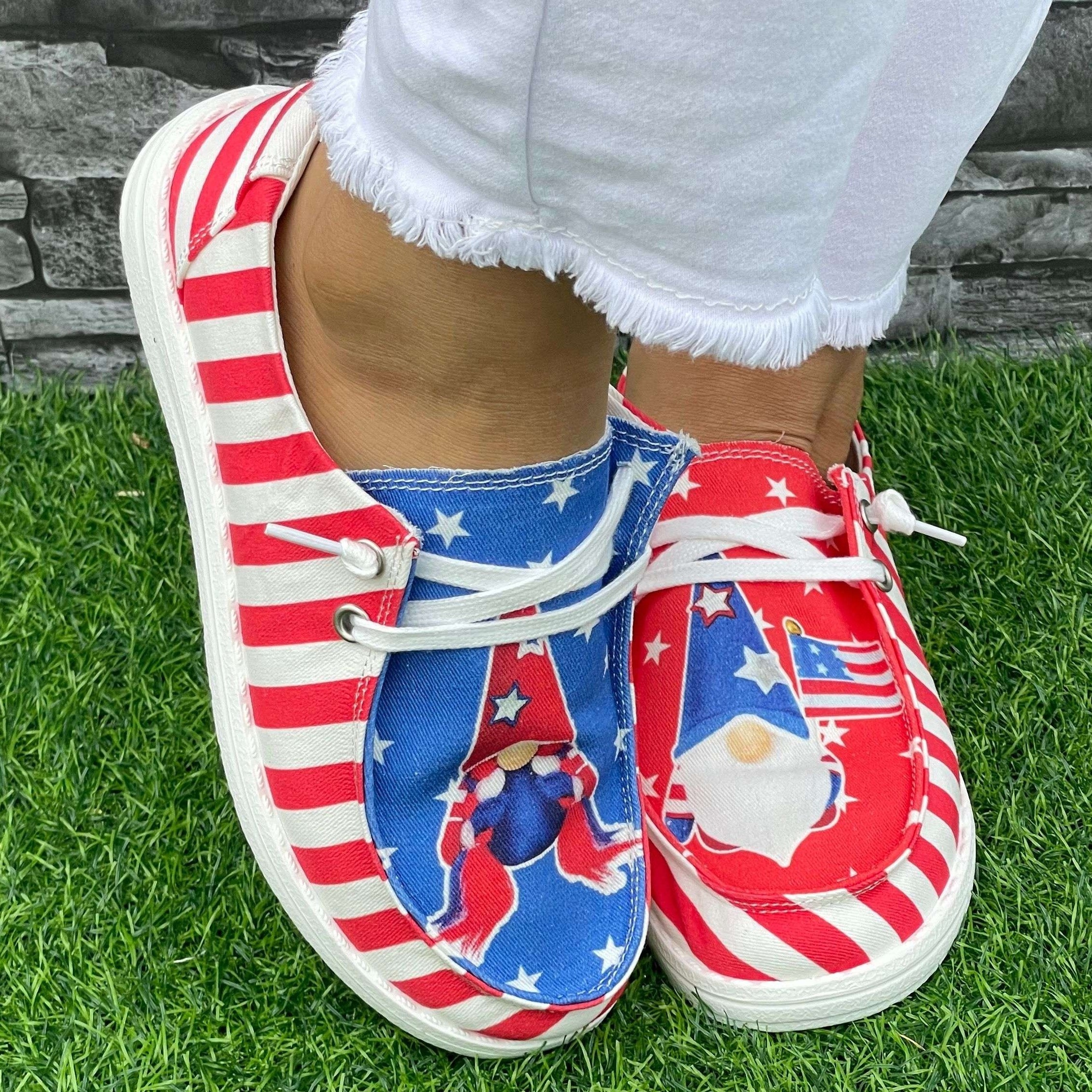 Red Striped Dwarf Pattern Flat Shoes Women's Lightweight Casual Breathable Sport