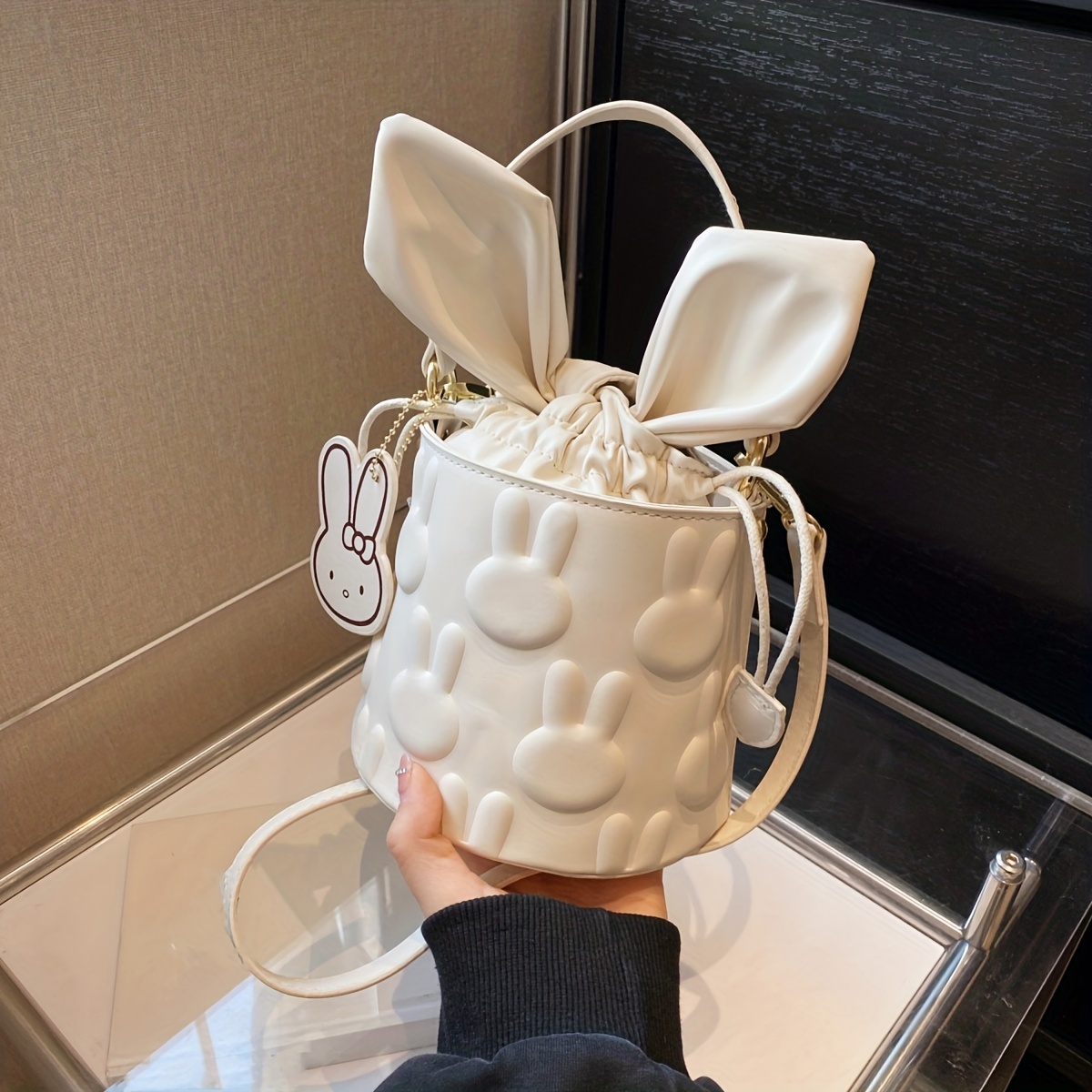 Mini Rabbit Ears Crossbody Bucket Bag, Pu Leather Textured Satchel