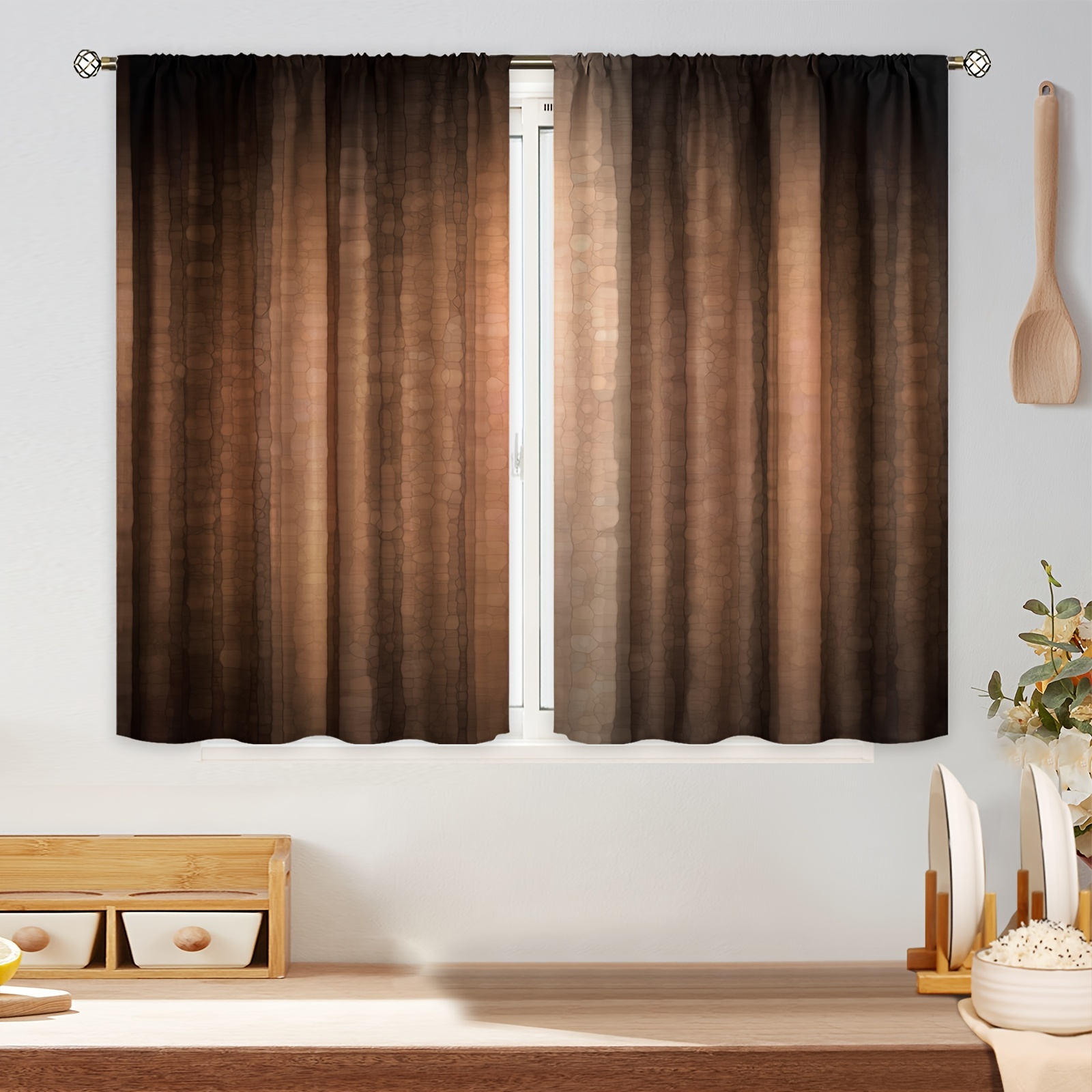 Cortinas de color marrón y gris para sala de estar, con bolsillo para  barra, paneles de cortina de madera rústica para árbol de madera, reducción  de
