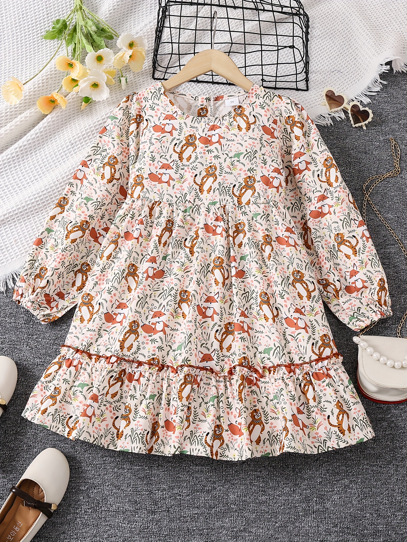 Girls' Woodland Animals Allover Print Ruffle Long Sleeve Dress, Cute Kids  Casual Dresses For Spring/ Fall