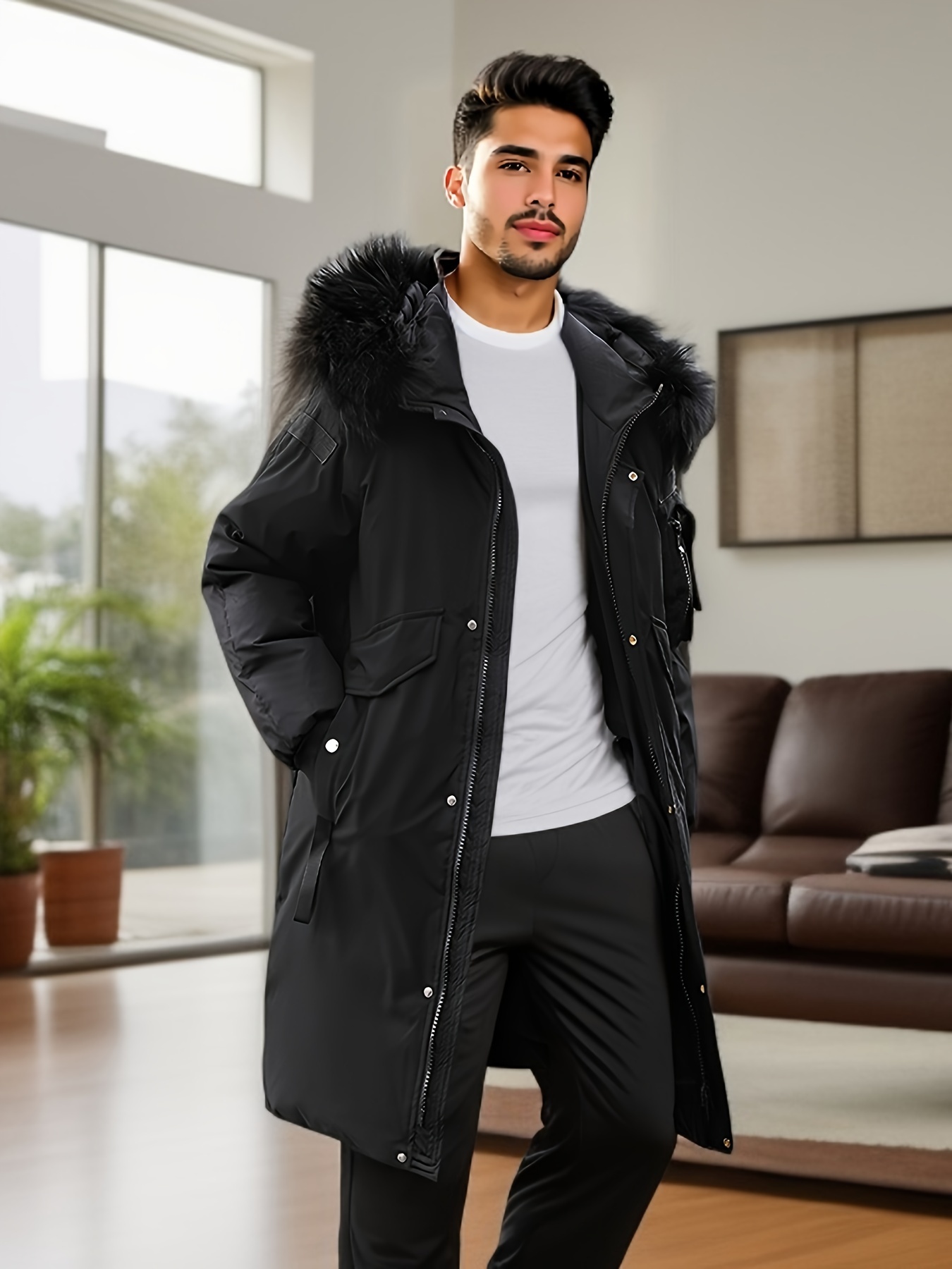 Wantdo Abrigo de invierno grande y alto para hombre, chaqueta acolchada,  abrigo de algodón grueso con capucha de piel extraíble