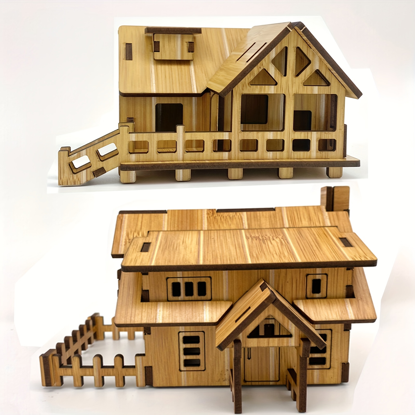 

Set of 2 DIY wooden architectural model puzzle kits, including a Western-style cottage model and a seaside villa model. These 3D jigsaw puzzle craft kits are laser cut for easy assembly.