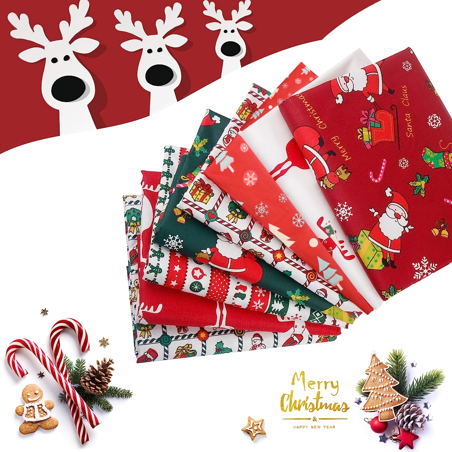Christmas Precut Quilting Fabric Squares Santa Claus Snowman Print Red  Green Fabric for Xmas Sewing Crafting DIY Supplies
