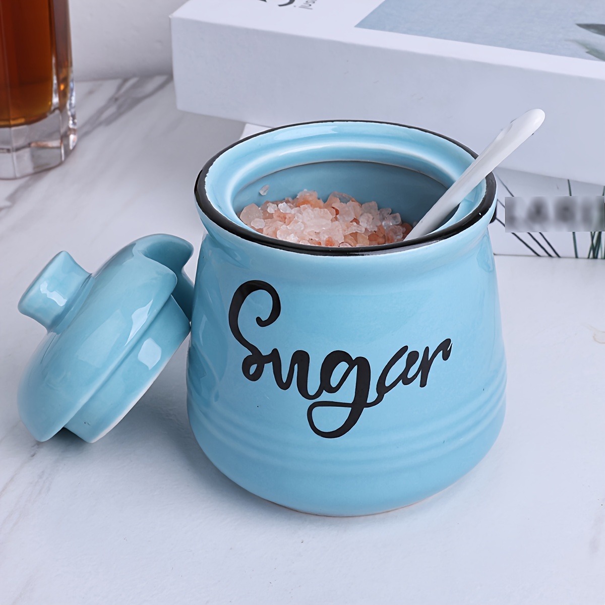 Vermida Sugar Bowl with Lids and Spoons,Ceramic Sugar Jar with Spoon and  Tray,Porcelain Sugar Container with Labels for Kitchen,Sugar Holder for