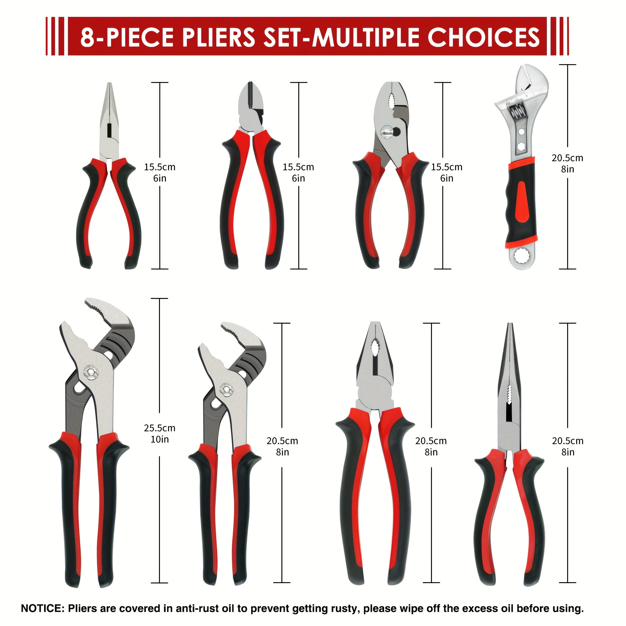 BeHappy Pliers Set 8Pcs, Pliers Tool Set, Premium Cr-Ni Construction (10, 8  Groove Joint Pliers, 8 Adjustable Wrench, 8 Linesman,8,6 Long Needle Nose,  6 Slip Joint, 6 Diagonal), Rolling Pouch