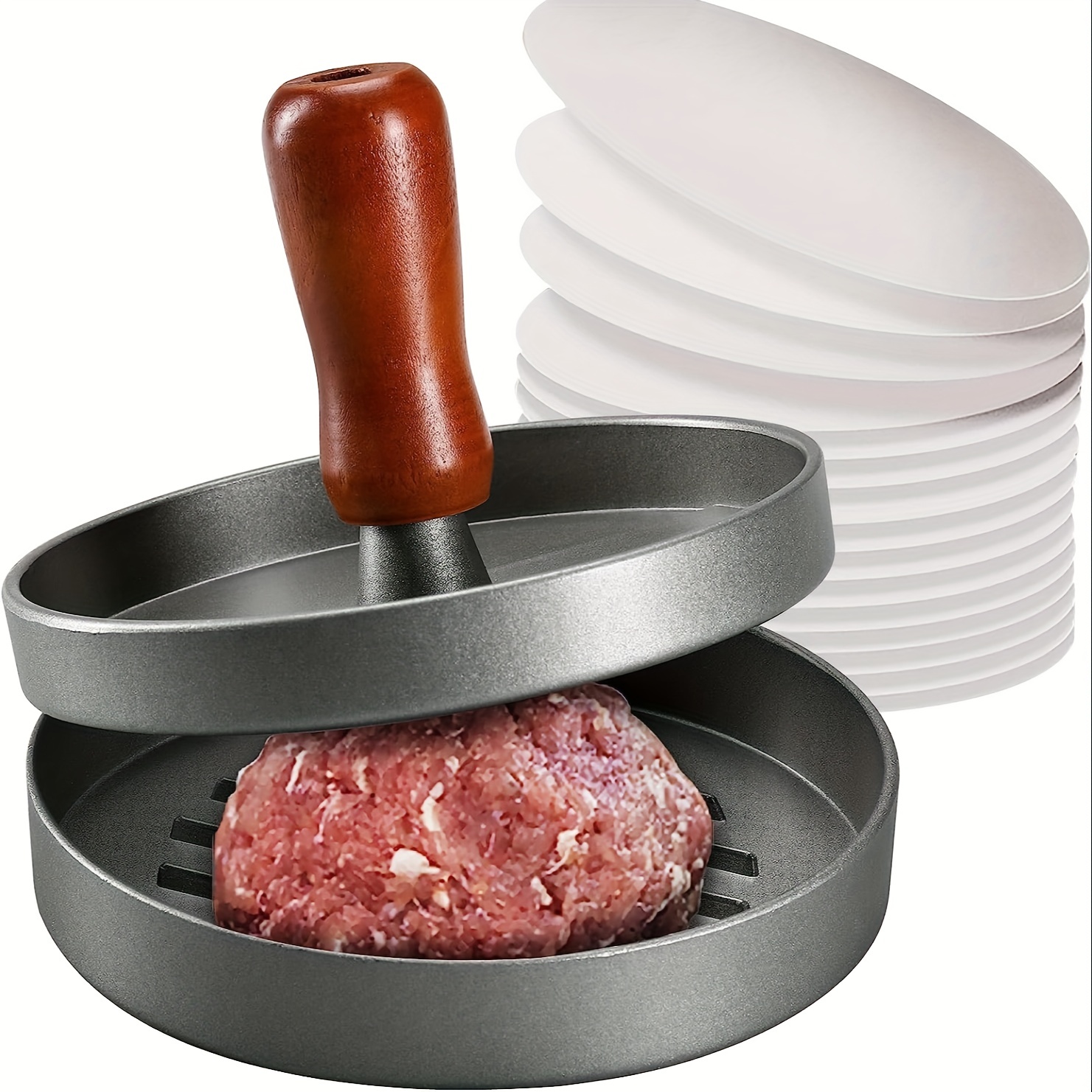 

Un ustensile pour former des hamburgers avec un manche en bois et un revêtement antiadhésif, idéal pour préparer des steaks hachés maison de manière créative.