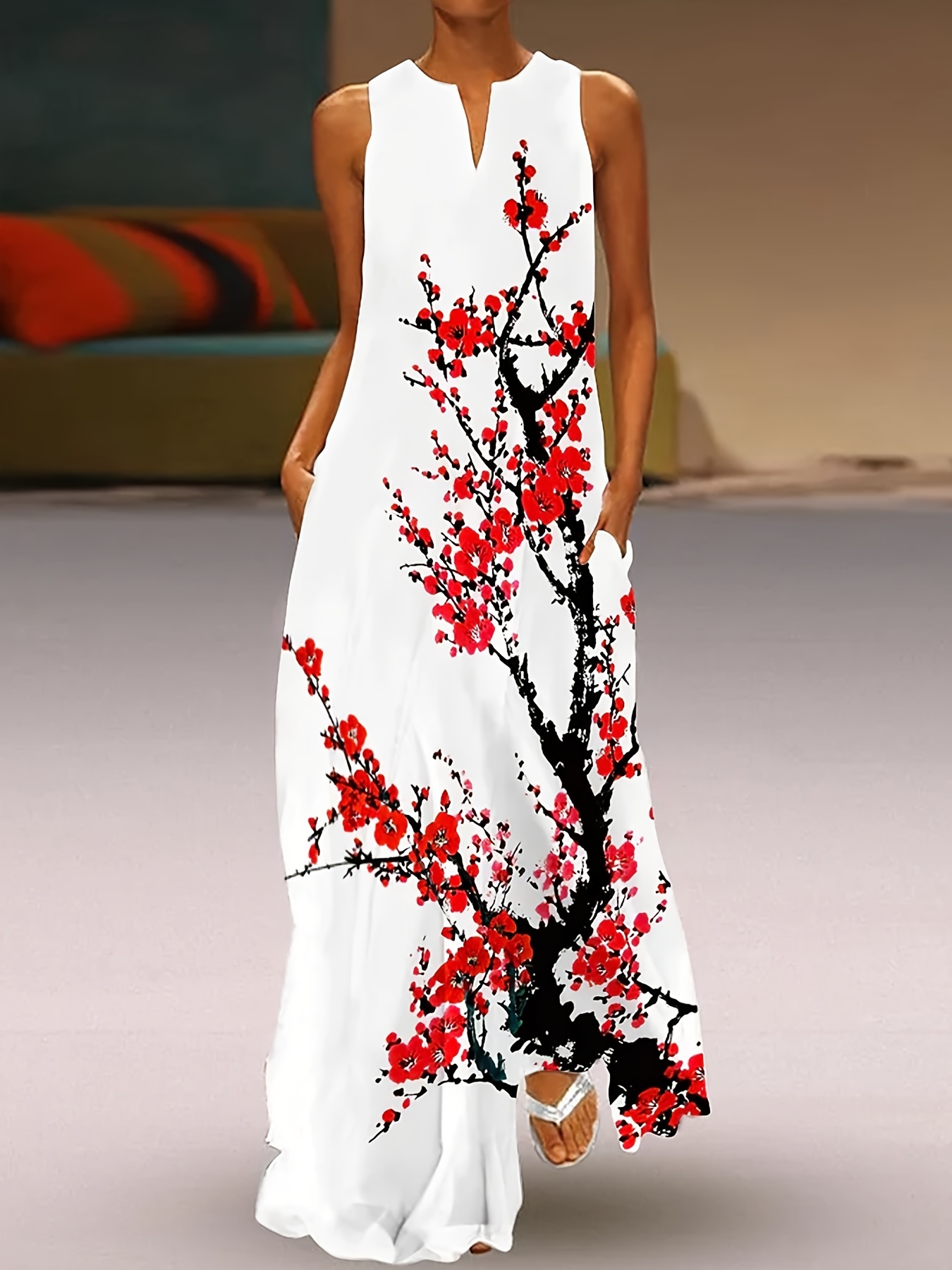 floral print v neck dress casual sleeveless maxi length dress womens clothing