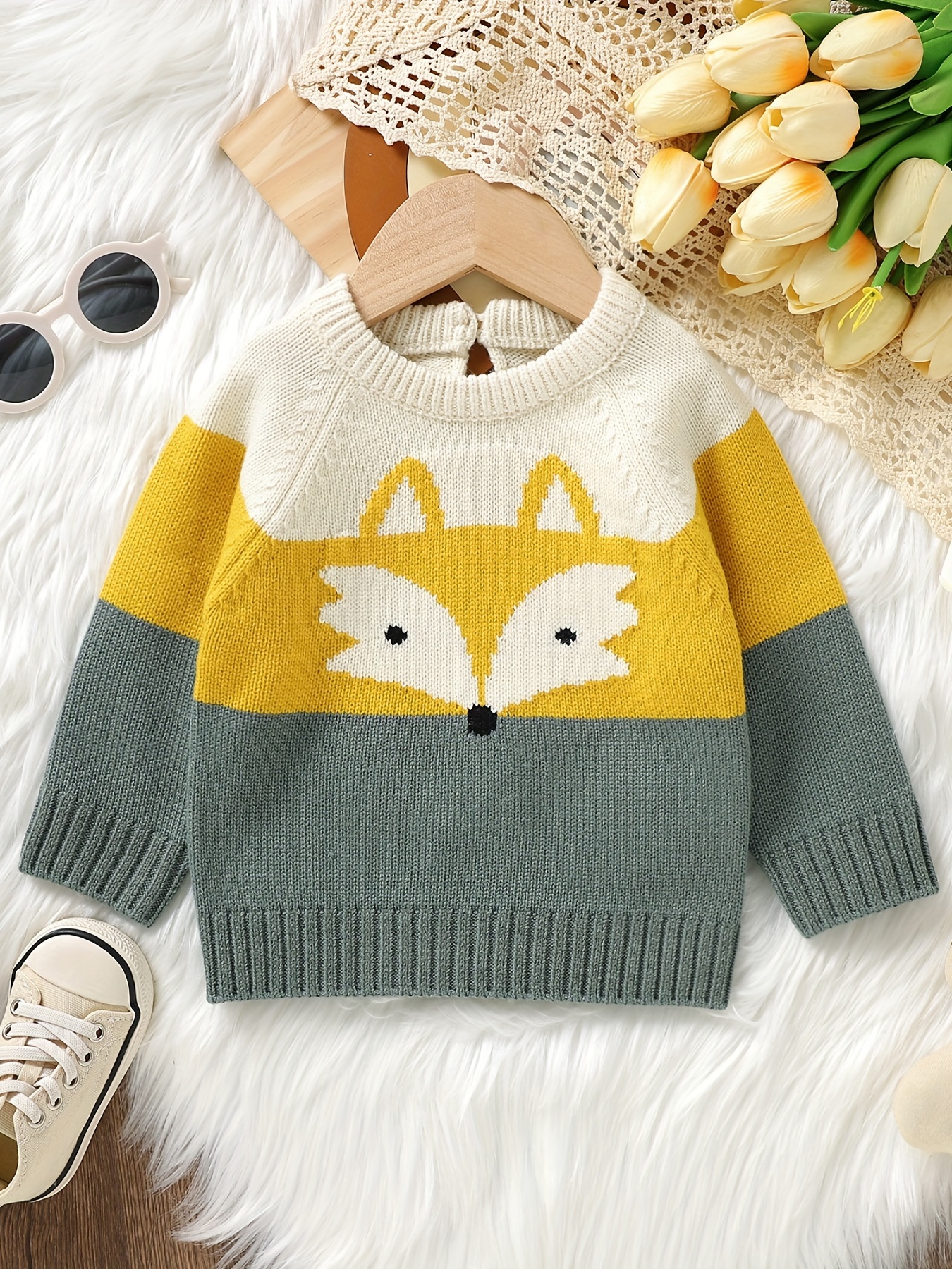 Baby Kids Sweater Long Sleeve Cute Cartoon Fox Jacquard Knit Top