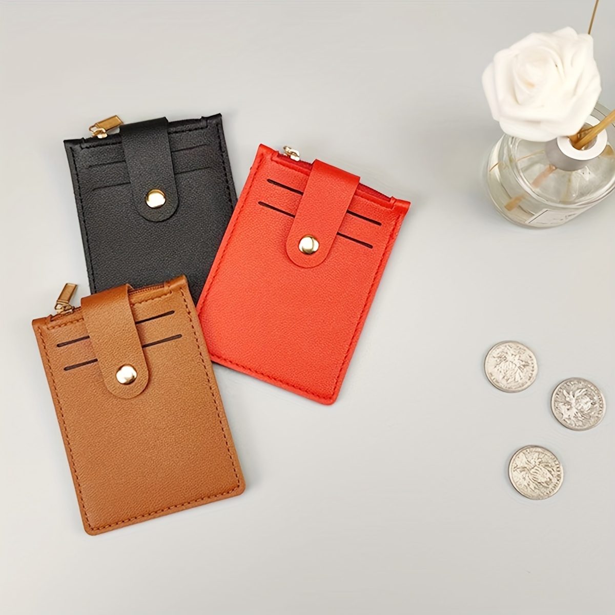 Men's Card Holder Zipper Coin Purse Snap Button Card Bag