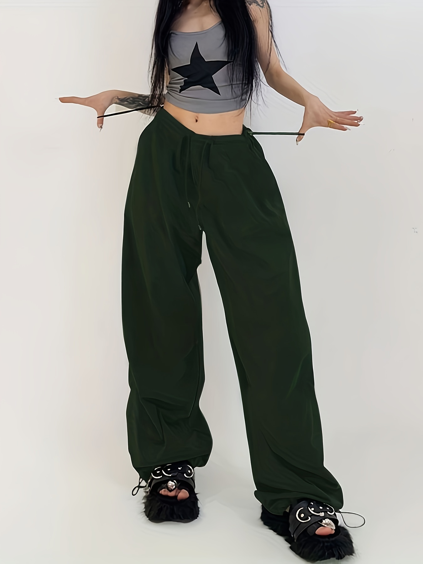 Casual Low Waist Drawstring Ruched Trim Baggy Cargo Pants - Green