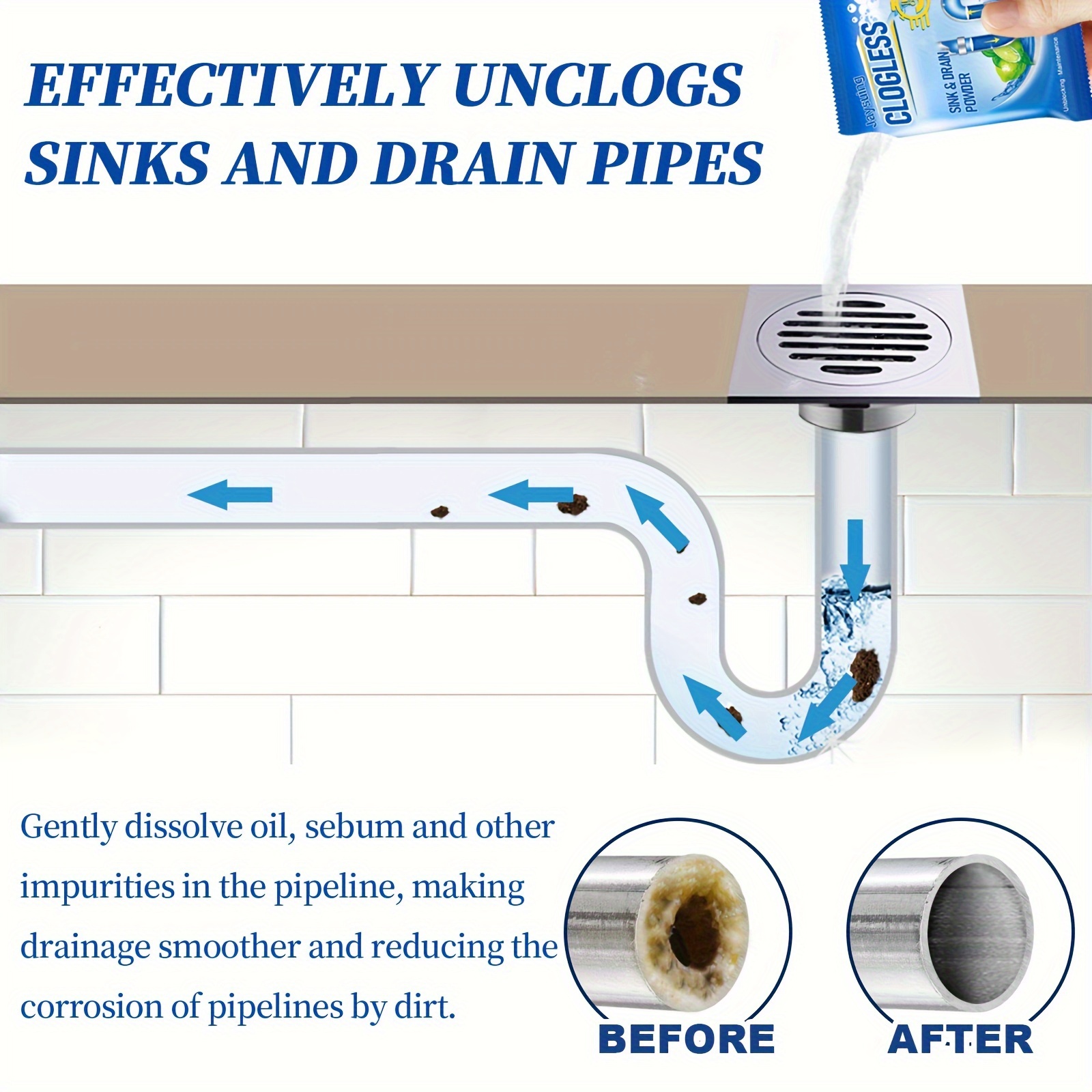 Strong Drain Unclogging Powder - Essential Tool for Motorhomes & Homes - Removes Grease, Hair, Soap Scum & Debris - Quick & Efficient Pipe Cleaning Solution for Toilets, Kitchens & More RV Sewer Chemicals & Cleaners