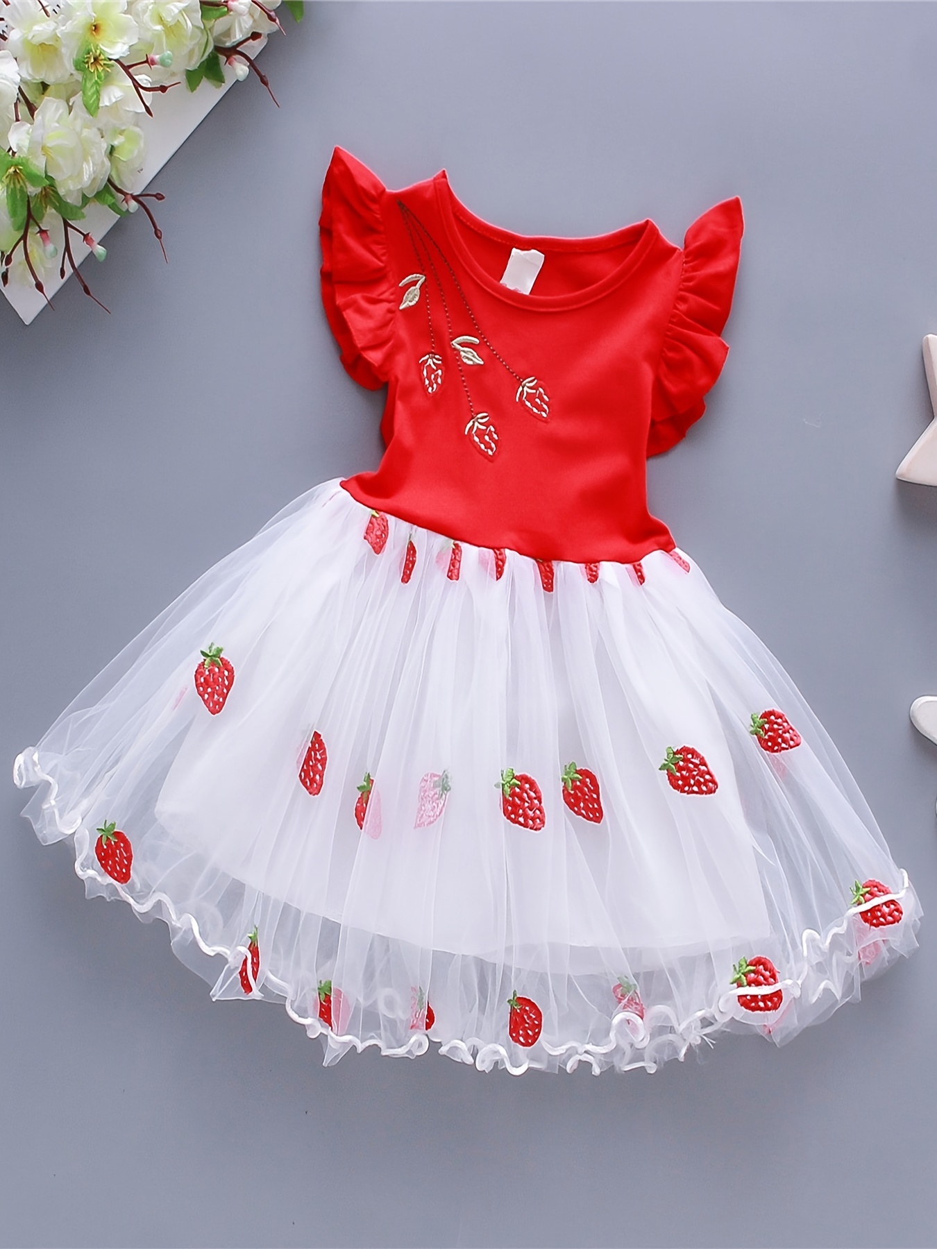 Best Price Baby Girls Cute Elegant Stitching Mesh Strawberry Print Dress For Summer Holiday Party