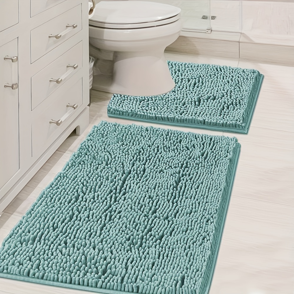 

2pcs Set Plush Chenille Bath Mats, U-shaped Rectangular Bath Rugs, Absorbent Non-slip Bathroom Mats With Textured Surface, Machine Washable, Polyester With Pvc Backing For Decor