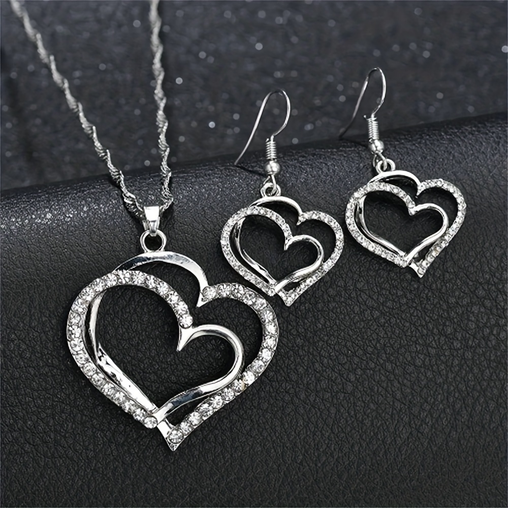 Double Hollow Love Heart Jewelry Set With Pendant Necklace & Drop Earrings  & Chain Bracelet Inlaid Shiny Zircon Vintage Style Jewelry Set
