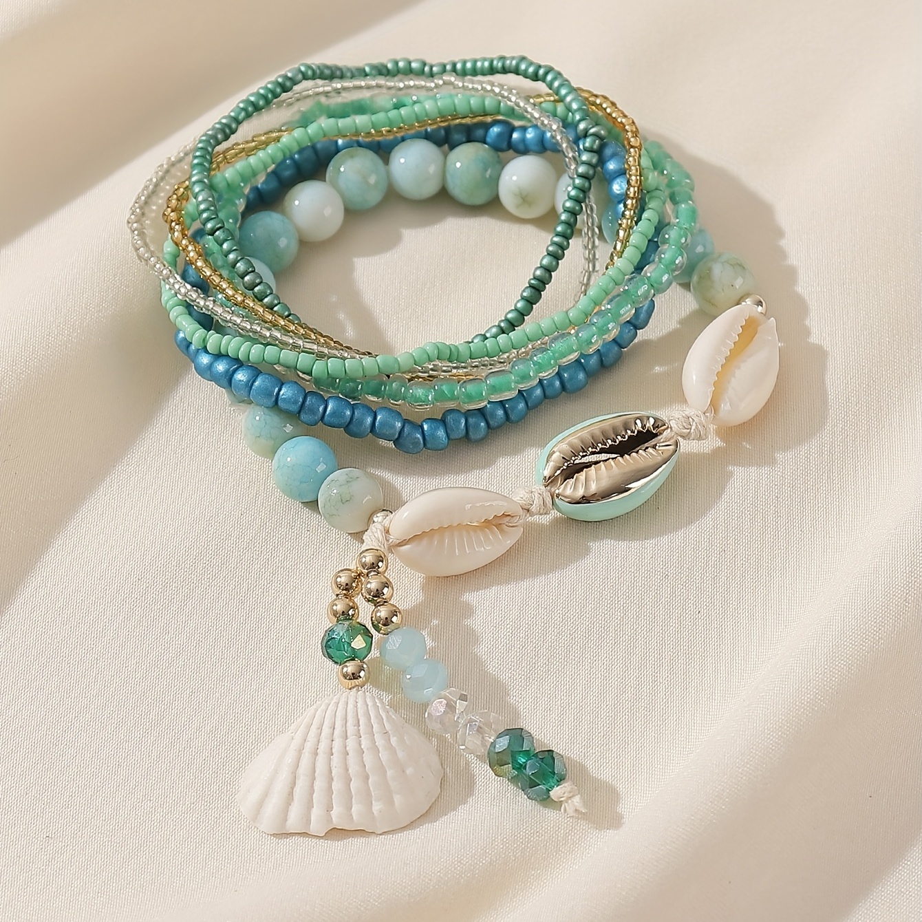 7pcs/set Bohemian Ocean Style Beads Ceramic Shell Conch Pendant Stretch Bracelet Set Ladies Casual Beach Style Accessories,Temu