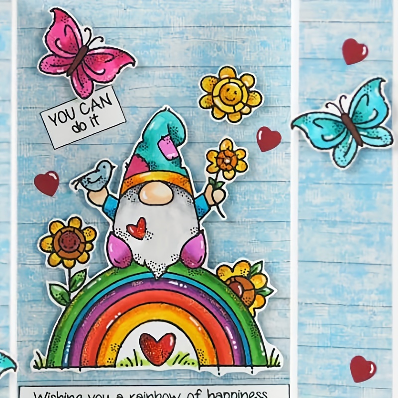 Un Pezzo Di Classico Cartone Animato Gnomo E Motivo Arcobaleno Timbro  Trasparente Per Realizzare Scrapbooking Di Biglietti Di Auguri Nani