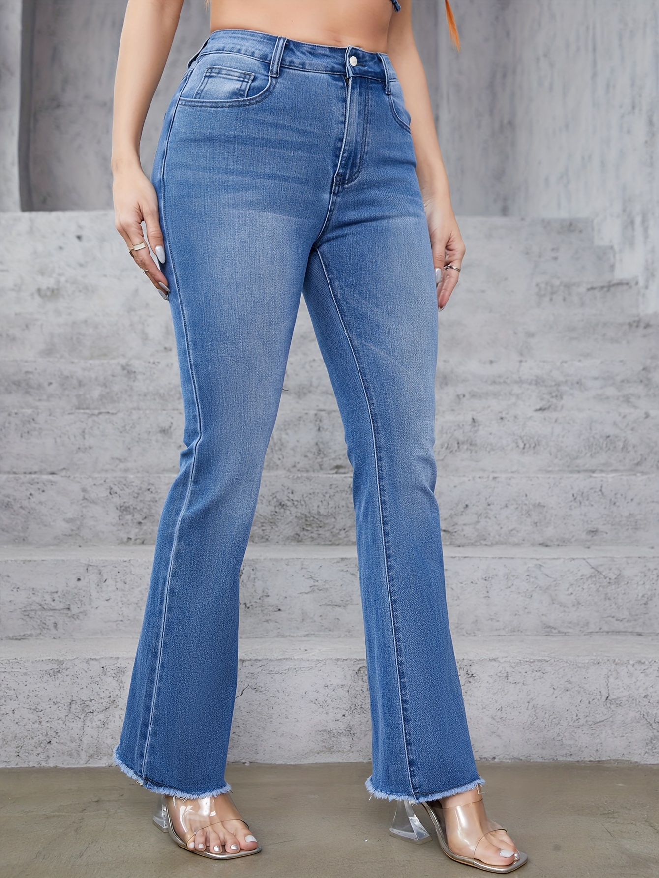 Slim Fit High Waist Button Fly Flare Jeans Casual Stretch - Temu