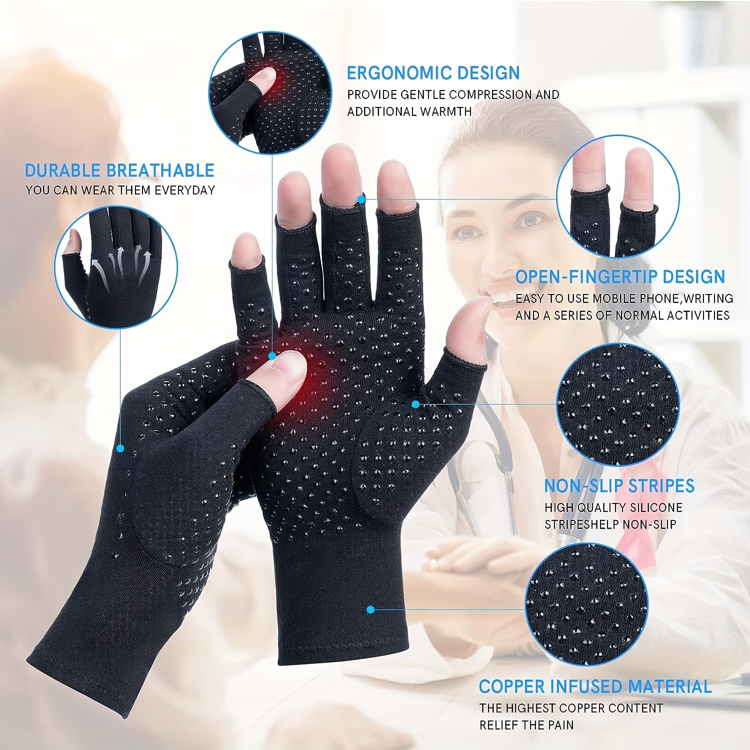 Fingerless Copper Arthritis Gloves with High Copper Content