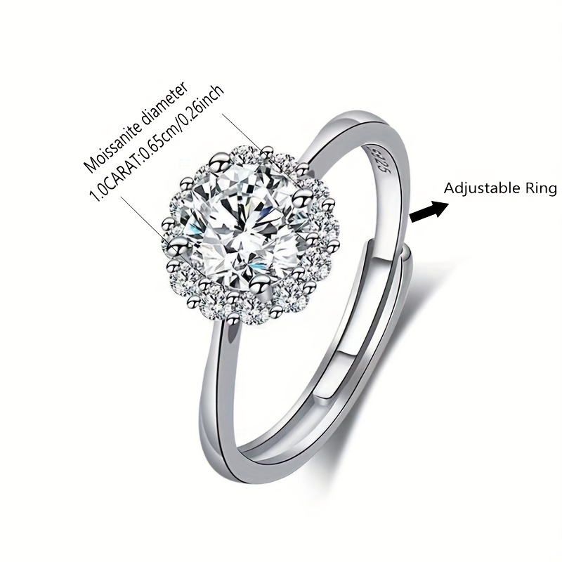 925 Sterling Silver Moissanite Sun Flower Adjustable Ring
