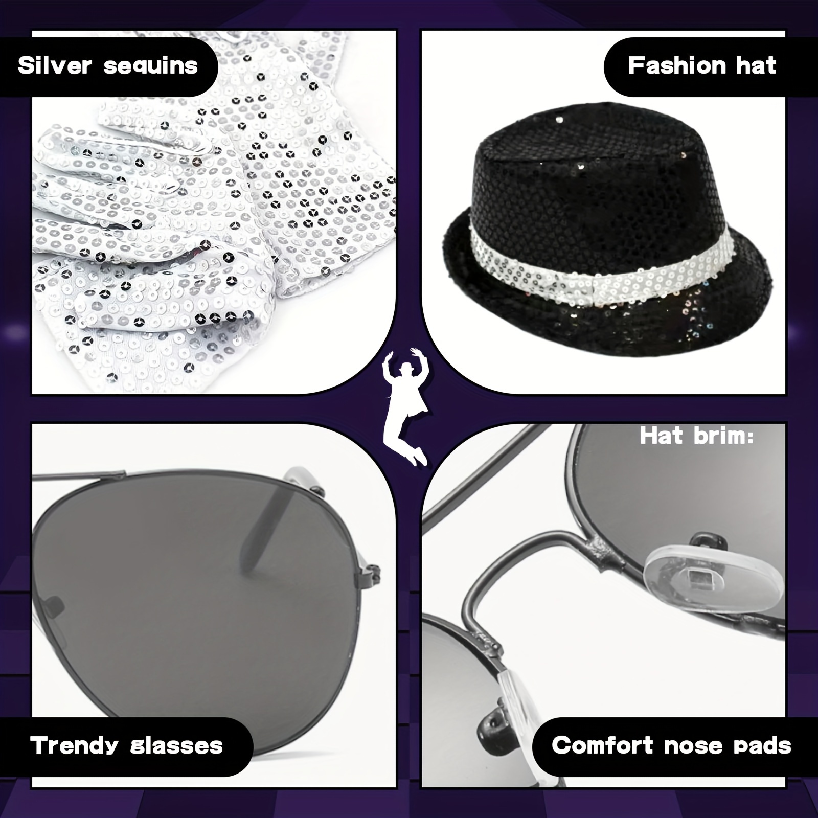 Black Costume Fedora With Michael Jackson Glitter Glove Set