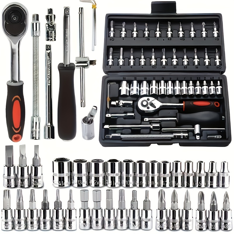 46pcs Socket Wrench Set, Sleeve Ratchet Wrench Assembly Tool, Household Repair Tools, With Drill Socket And Extension Rod, Comes With Storage Box