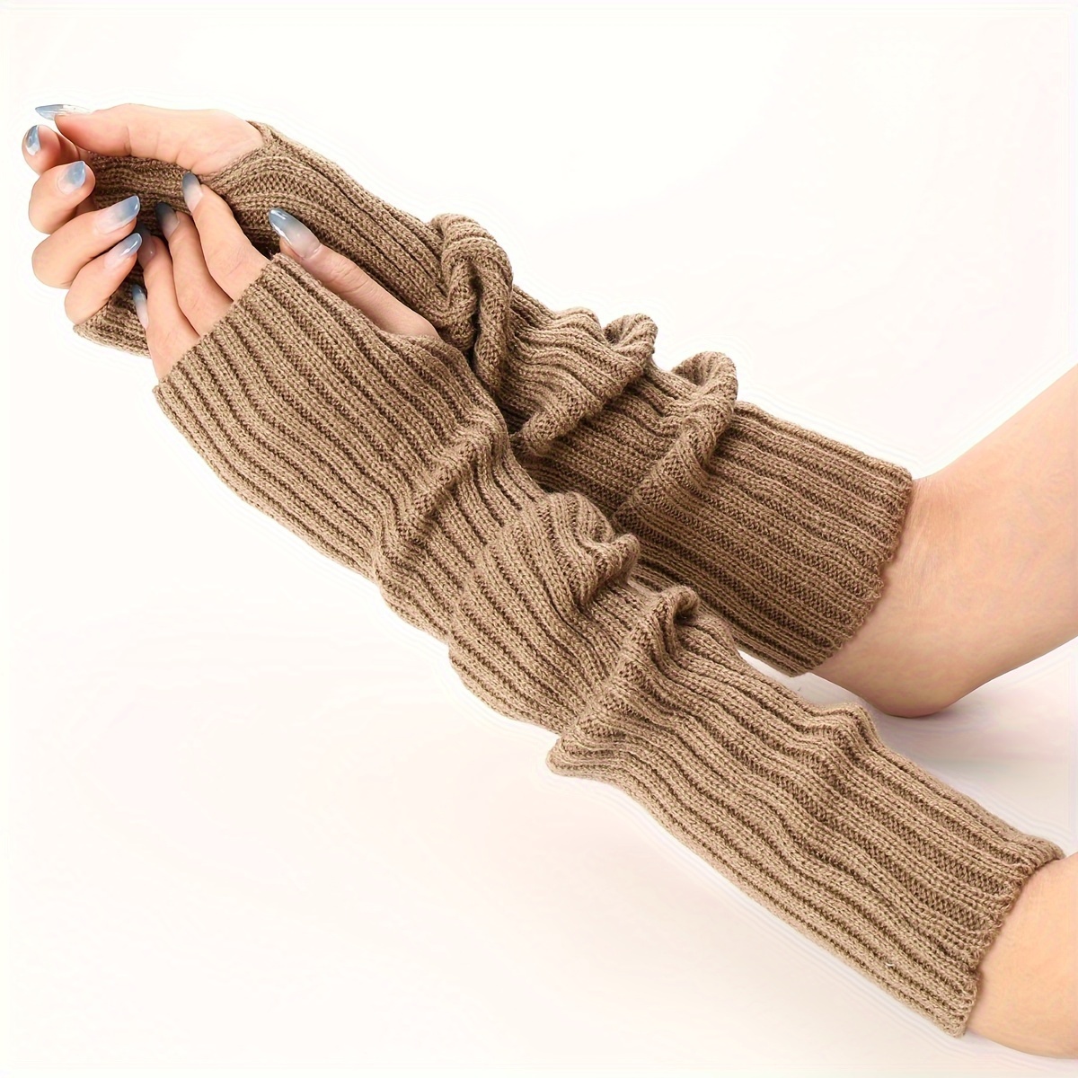 Women's Solid Color Ribbed Knitting Arm Warmer, Fingerless Stretchy Winter Warm Long Gloves Mittens,Temu