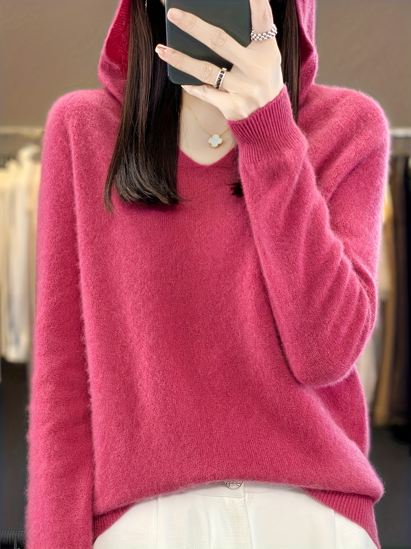 Solid Wool Hooded Sweater Elegant Long Sleeve Comfy Sweater - Temu