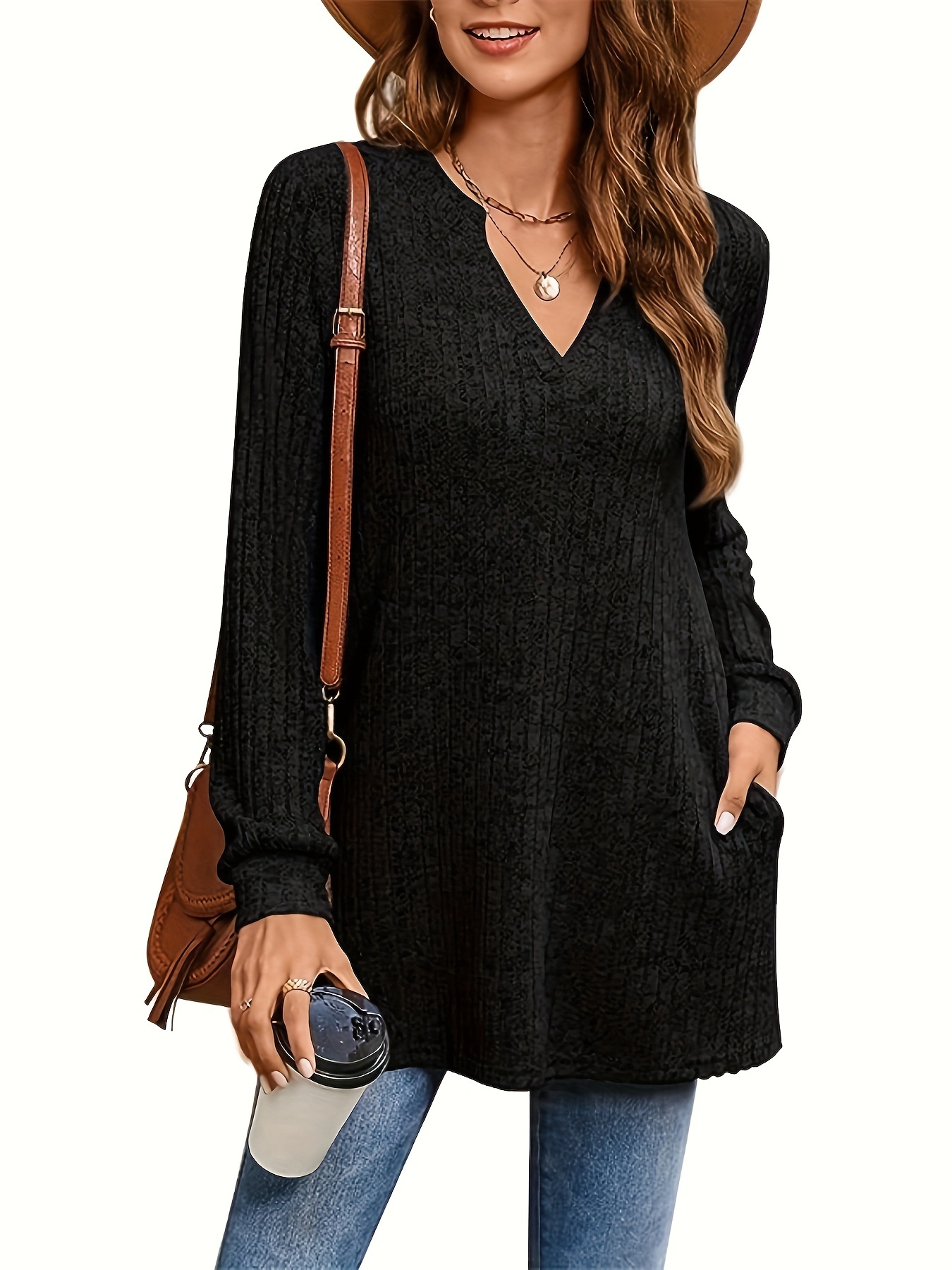 Solid Simple Tunics Casual High Neck Long Sleeve Versatile - Temu