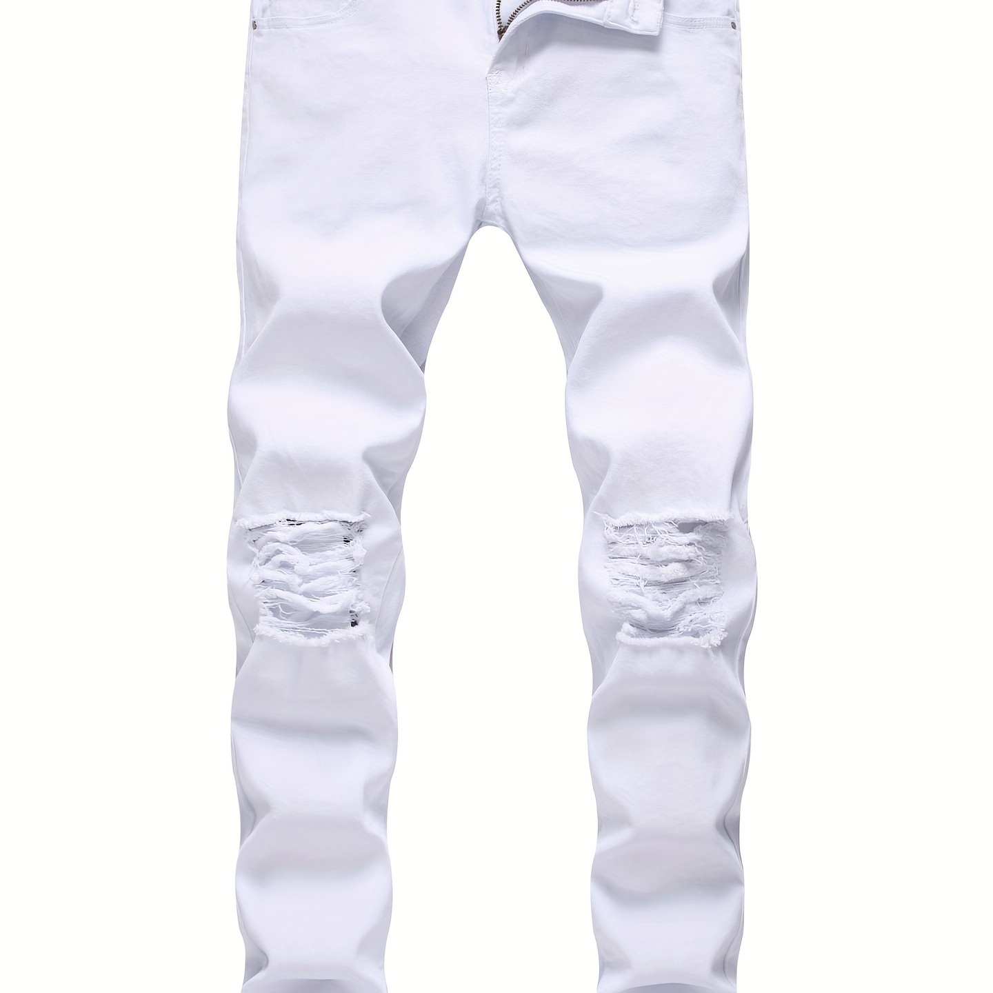 

White Straight Leg Ripped Jeans, Men's Casual Street Style Distressed Mid Stretch Denim Pants For Spring Summer