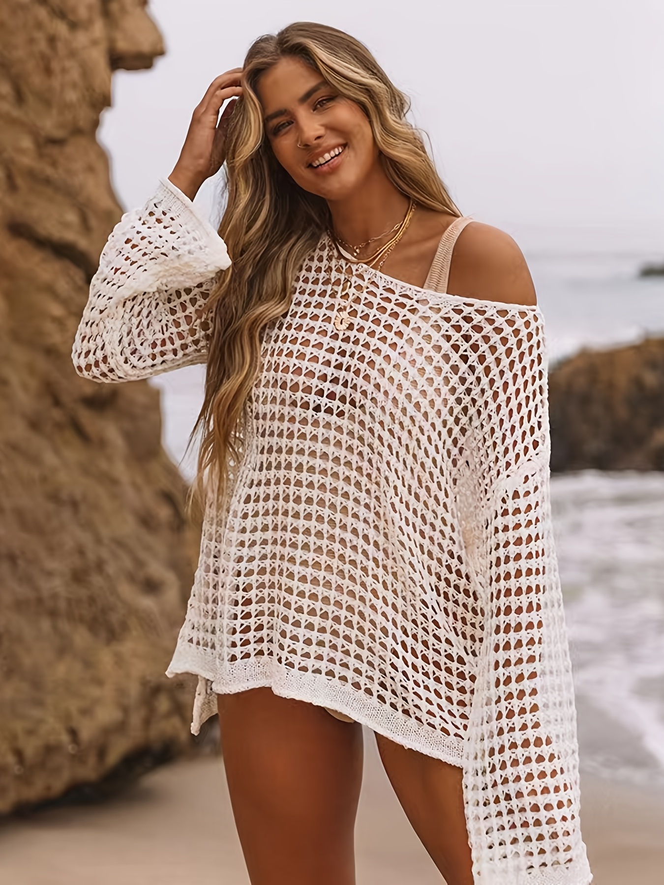 Hollow Knitted White Cover Long Sleeve Drop Shoulder Boho - Temu
