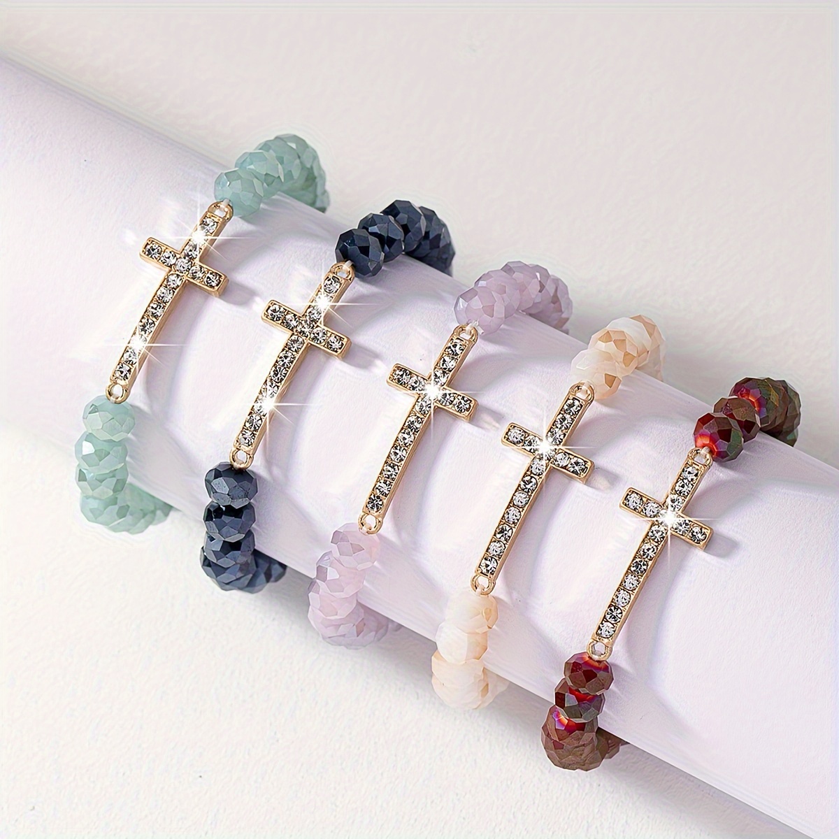 

1 Pcs Of Colorful Rhinestone Beads Beaded Bracelet With Cross Design Elegant Vintage Style For Women Bracelet Gift