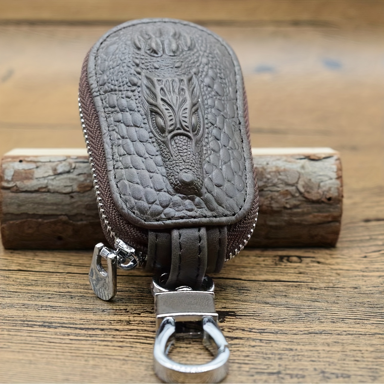Genuine Leather Car Key Pouch Dual Zip Layer Vintage Crocodile