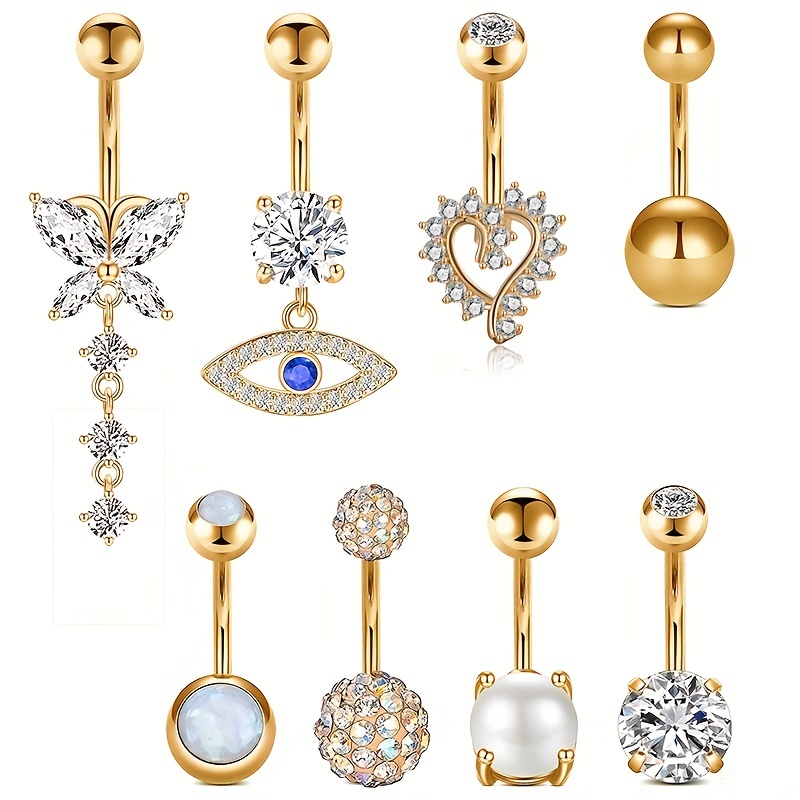 8pc Golden Love Heart Devil's Eye Belly Button Ring Set