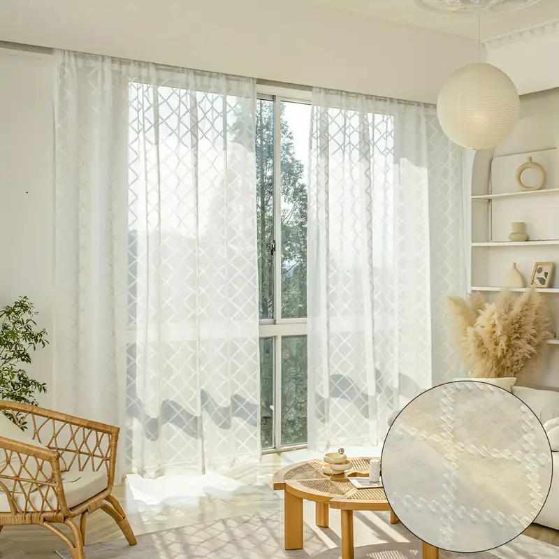  VOGOL - Cortinas blancas con diseño bordado y jareta para  barra, para ventana de sala, dormitorio; dos paneles. : Hogar y Cocina