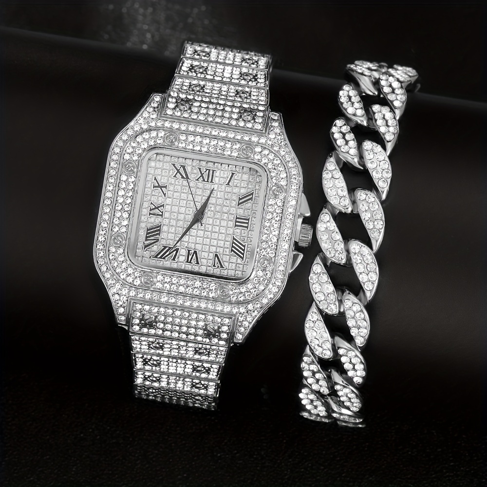 Real Stainless Steel Mens Watch Iced Simulated Diamond Hip Hop Bust Down  Square
