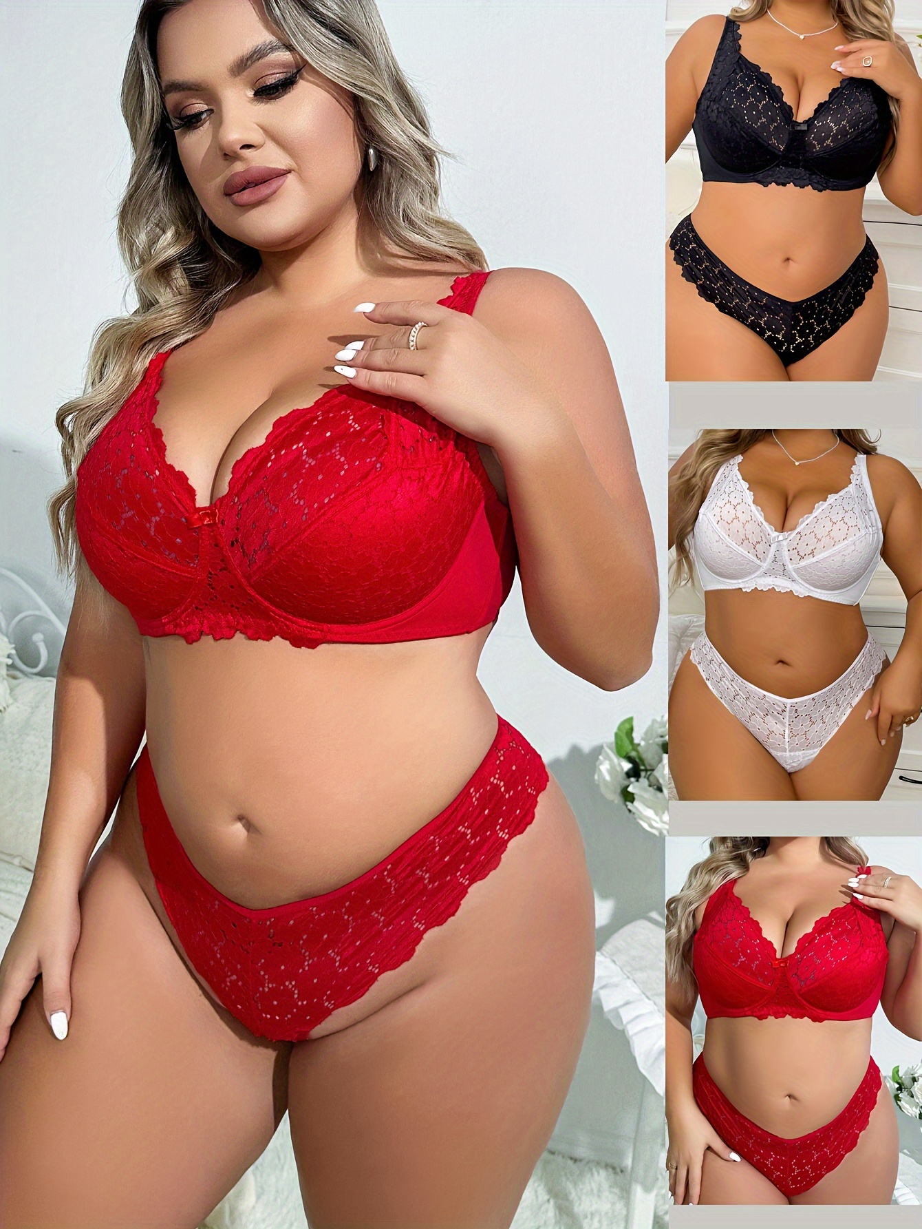 Plus Size Sexy Lingerie Set, Women's Plus Solid Criss Cross Letter Tape  High Stretch Bra & Cut Out Underwear, Naughty Lingerie Two Piece Set