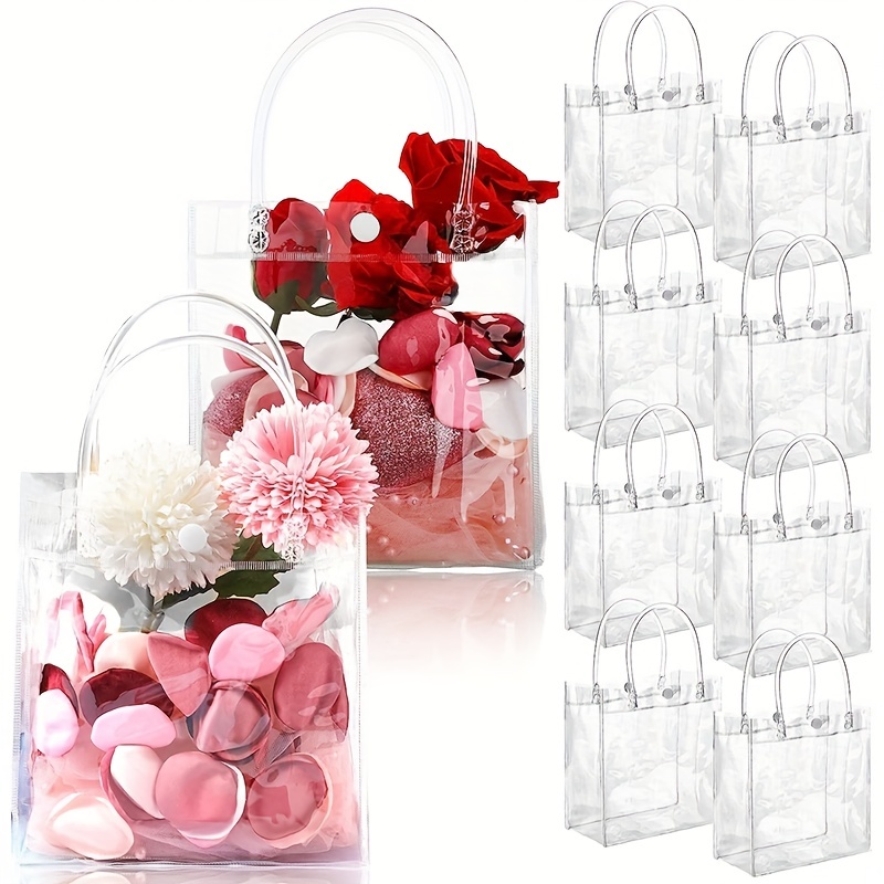 Clear PVC Gift Bags 9x6.7x2.8 Reusable Mini Plastic Gift Wrap Tote Bag  with Handles, 100 Pack