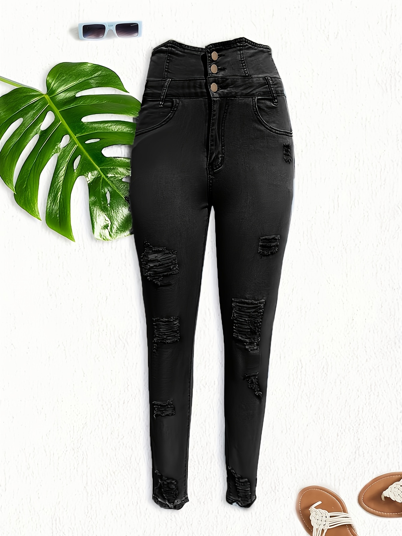 Ripped Holes Casual Skinny Jeans Slash Pockets Distressed - Temu