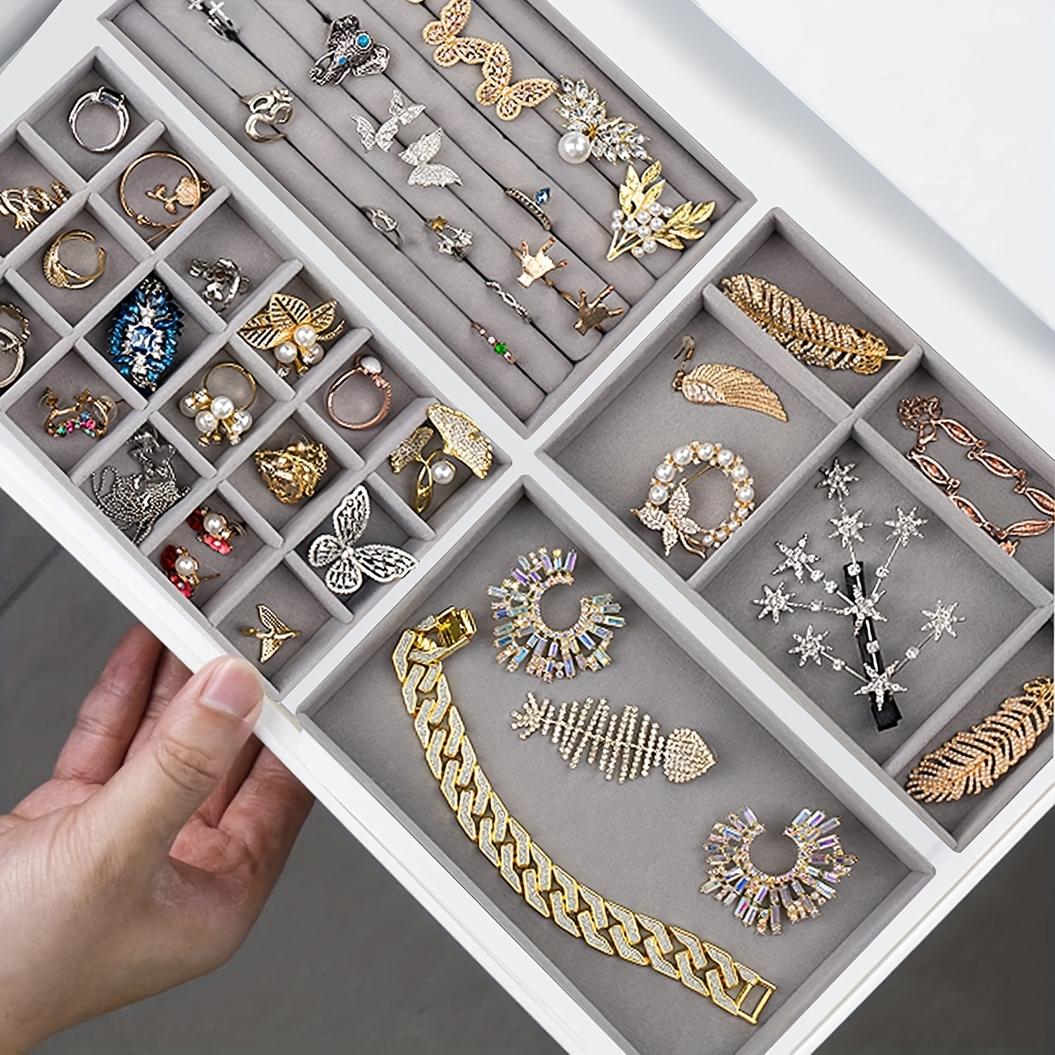 Simple Grey Velvet Ring Box Jewelry Box Earrings Holder Organizer Tray  Drawer