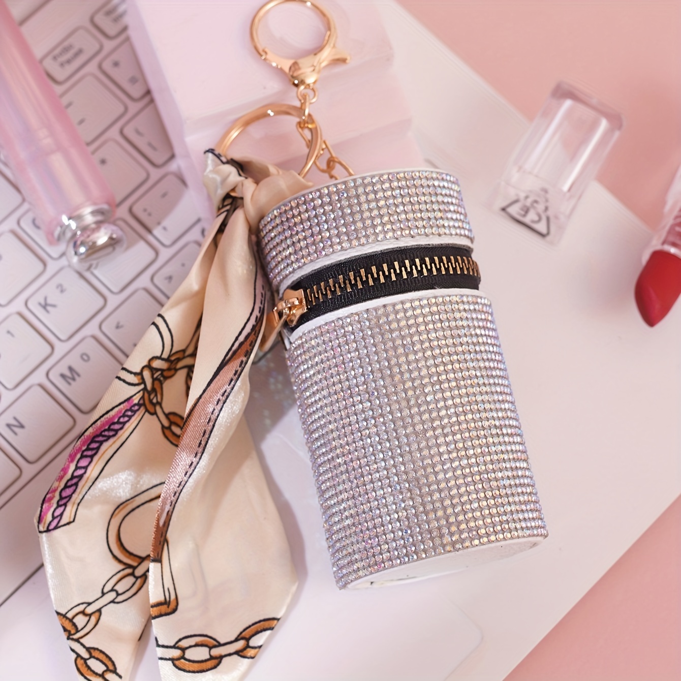 Designer leather lipstick holder Keychains with Rhinestones